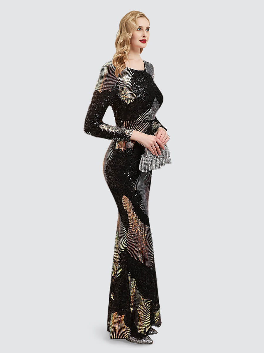 Elegant Black Backless Long Sleeve Sequin Maxi Mermaid Evening Gown - Perfect for Prom, Formal Dances & Special Occasions