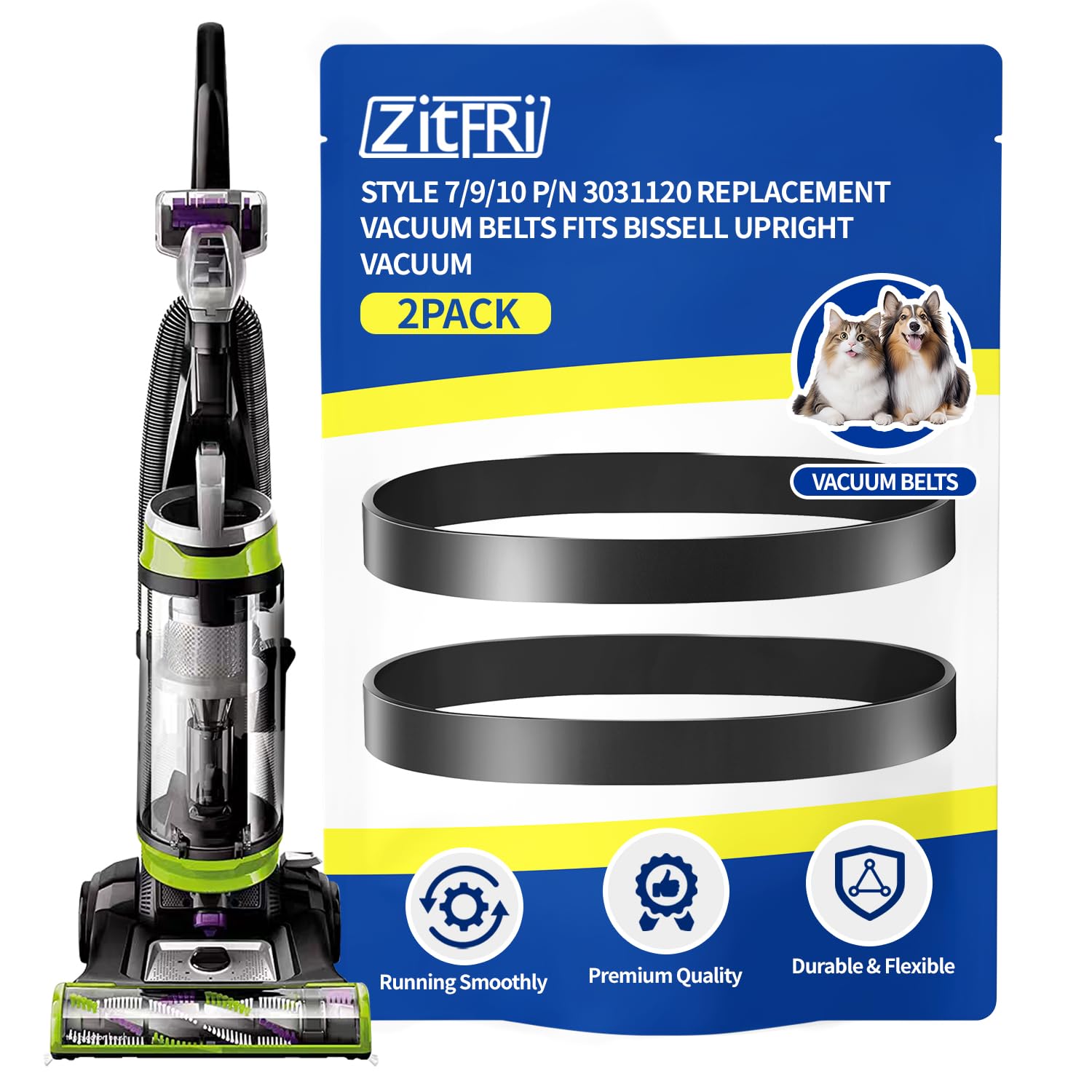 Bissell Vacuum Replacement Belt - Compatible with Powerforce, Helix, Powerlifter, Cleanview, Swivel Rewind & Pet Models (Style 7/9/10, P/N 3031120, 2031093, 32074, 3031123) - 2 Pack - Perfect for Home Cleaning & Pet Hair Removal