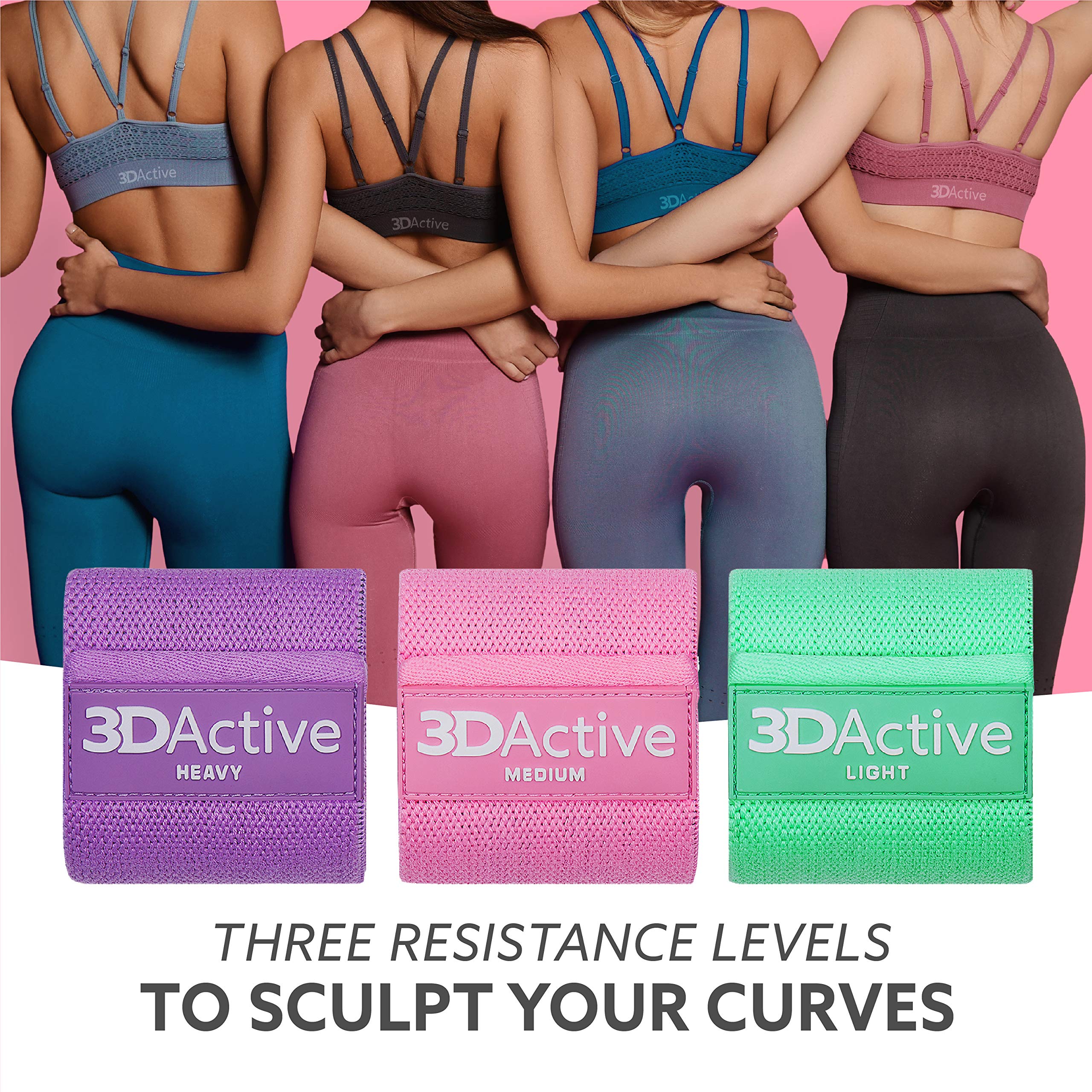 3DActive Fabric Resistance Bands for Legs & Butt Workouts - Non-Slip Hip Band Set for Home & Gym Training - Includes Exercise Guide & Carry Bag - Perfect for Squats, Yoga, Pilates & Strength Training