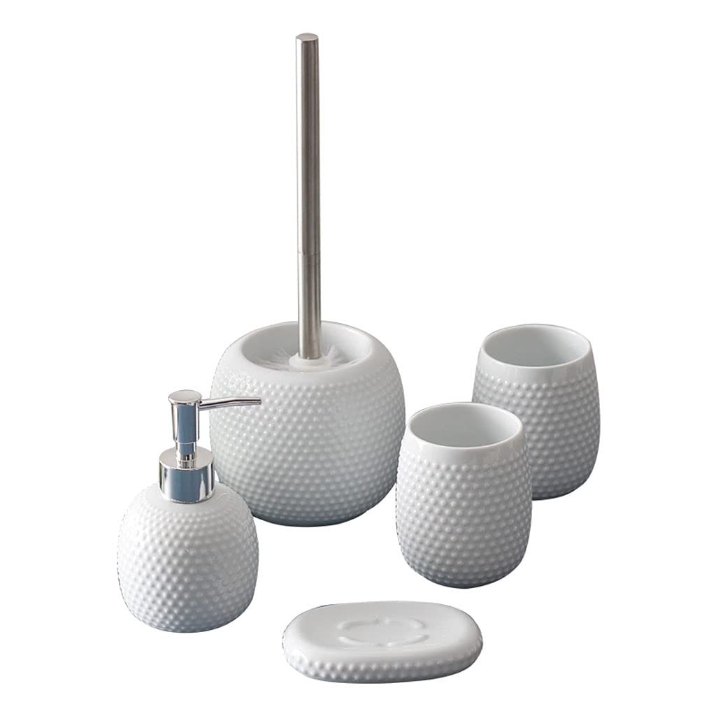 XIANGGUI 1983 5-Piece Bathroom Accessories Set - Includes Soap Dispenser, Lotion Bottle, Mouthwash Cups, Soap Dish & Toilet Brush | Modern White Bathroom Organizer for Sink Counter, Vanity & Guest Bath Decor