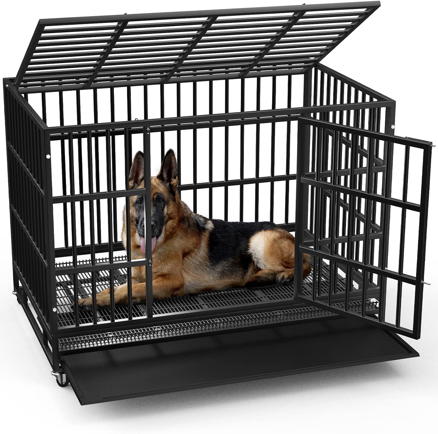 LEMBERI 42 Inch Heavy Duty Indestructible Dog Crate - Escape Proof Large Dog Kennel with Lockable Wheels & Removable Tray, High Anxiety Double Door Dog Cage for XL Breeds - Perfect for Indoor Use, Travel & Vet Visits