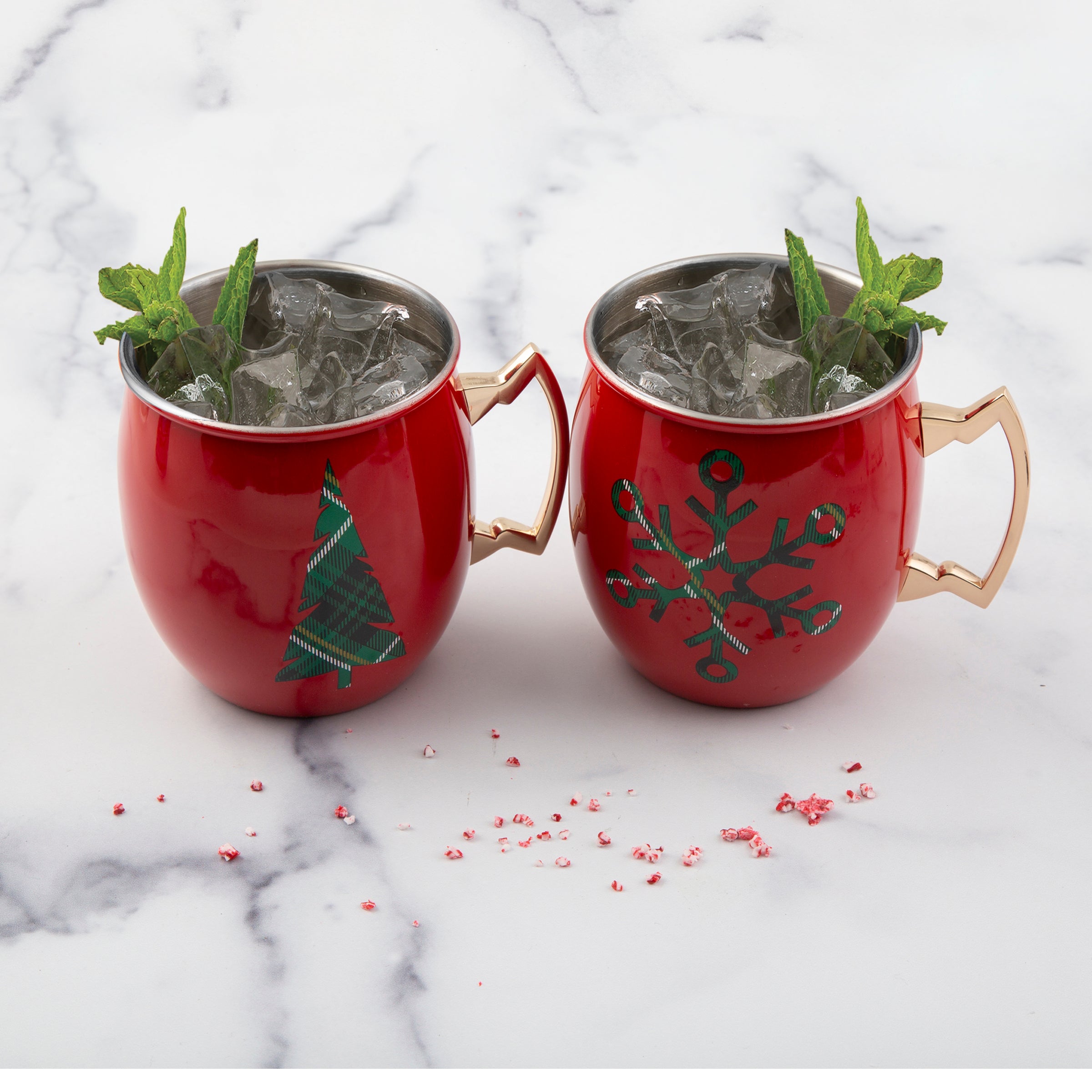 Festive Red Christmas Moscow Mule Copper Mugs Set of 2 - Perfect for Holiday Parties, Gift Giving & Winter Cocktails