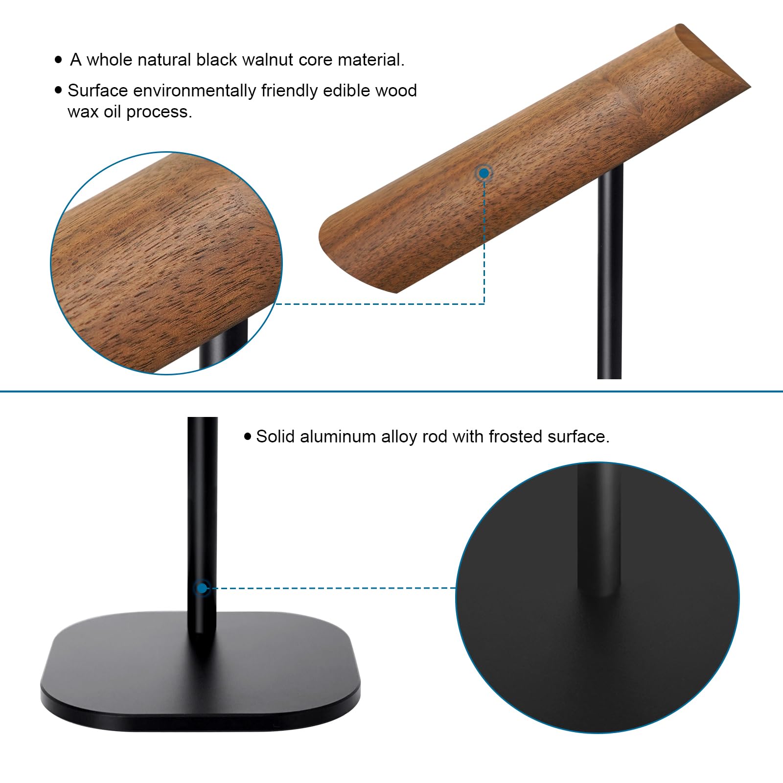 Premium Walnut Wood Headphone Stand with Aluminum Alloy Rod - Dual Headset Holder for Desk, Supports Suspension Hanging - Perfect for Gaming, Office & Home Studio Setup