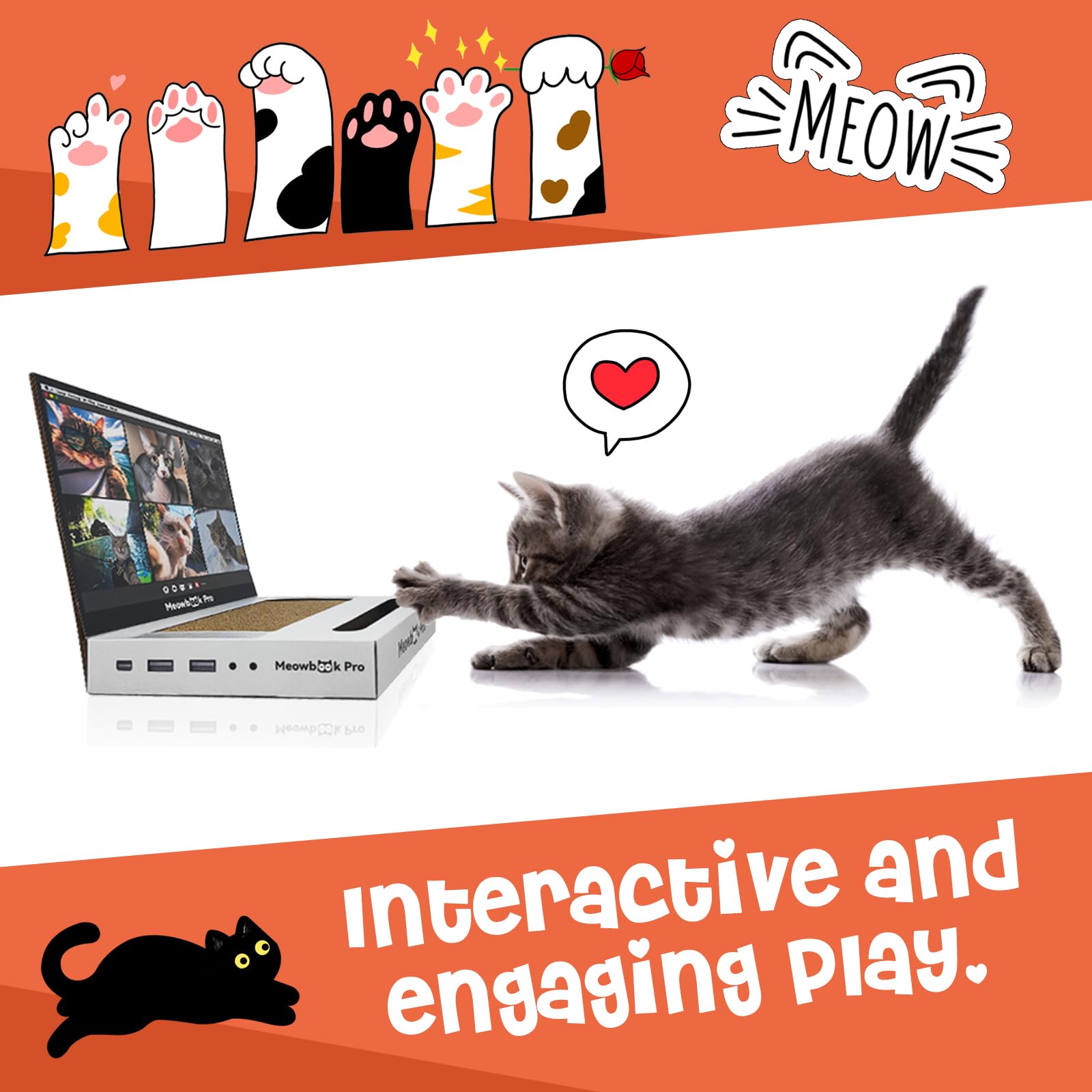 3-in-1 Interactive Cat Toy with Scratching Pad, Jingle Ball & Stickers - Durable Cardboard Laptop Design for Kittens & Adult Cats - Perfect for Playtime, Training & Stress Relief