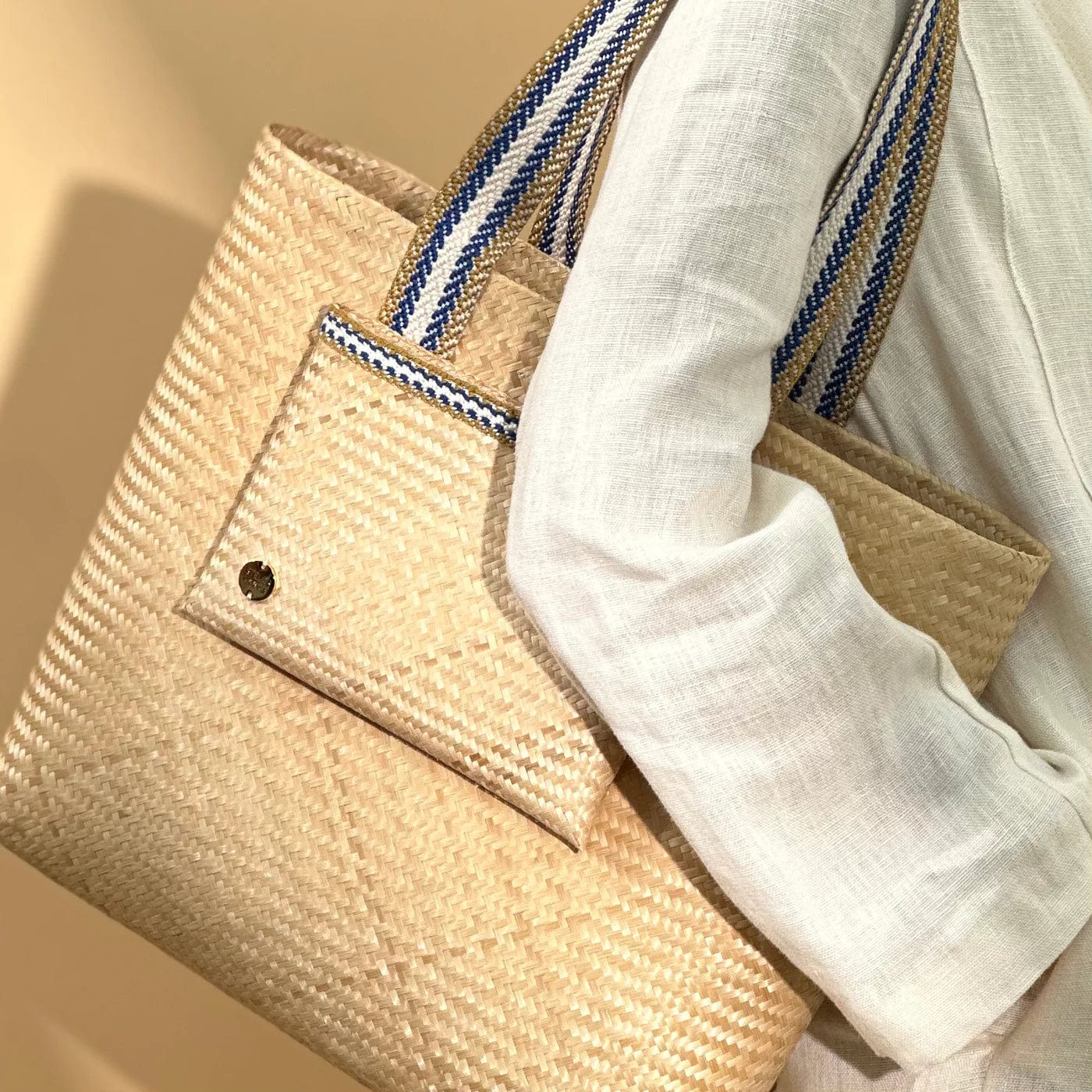 Lembata Bamboo Small Shopper Bag - Eco-Friendly Reusable Tote with Neutral & Blue Stripe Design - Perfect for Grocery Shopping, Beach Trips and Daily Use