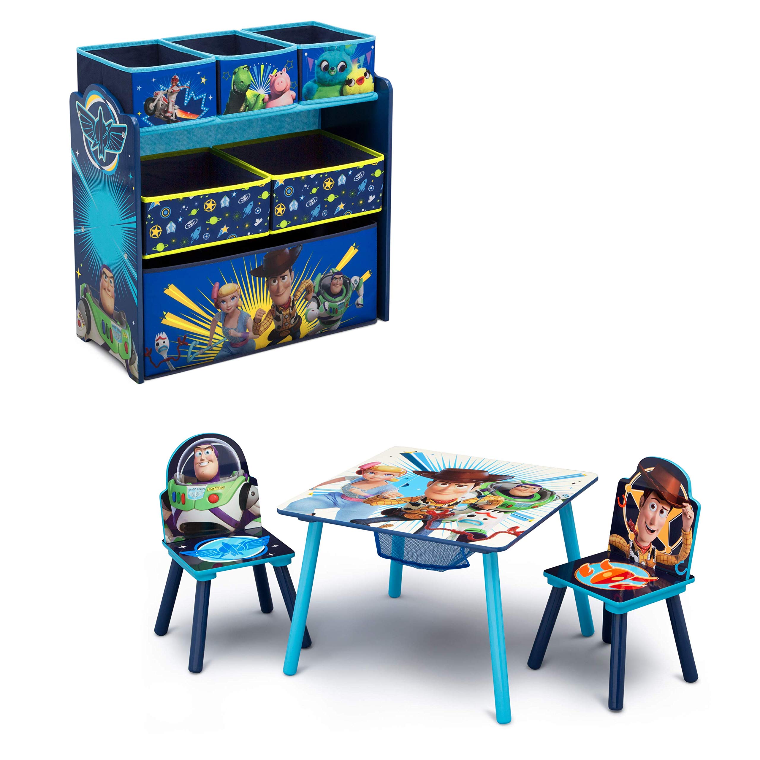 Delta Children Toy Story 4 Kids Table and Chair Set with Storage (2 Chairs Included) & 6-Bin Toy Organizer - Perfect for Arts & Crafts, Homeschooling, Homework, Playroom & Preschool Activities