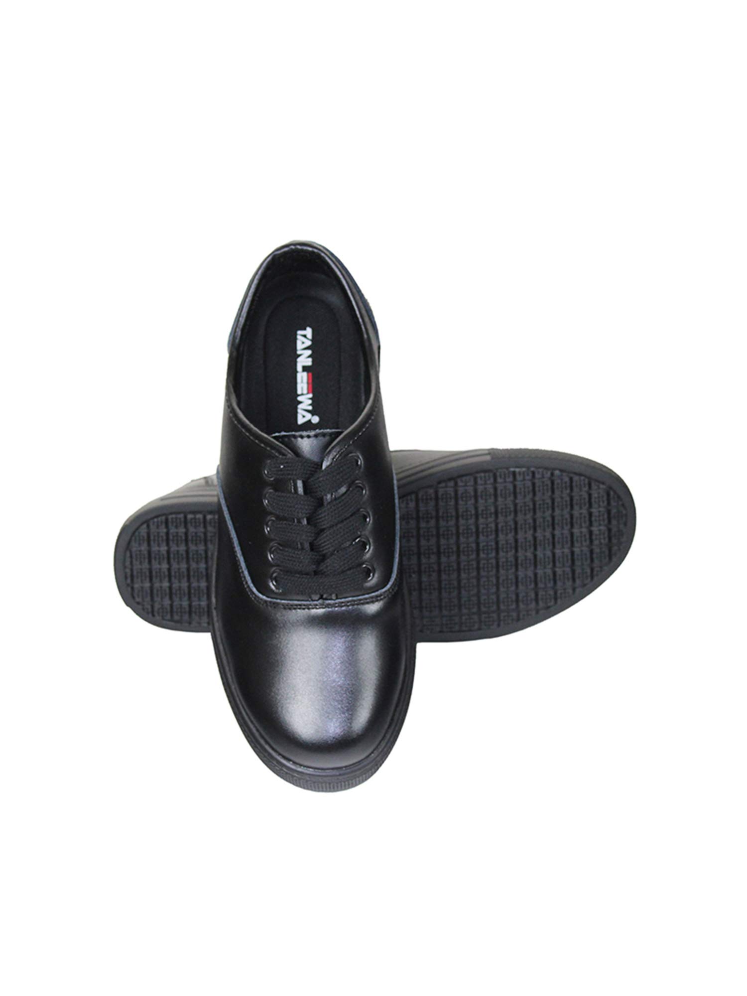Tanleewa Women's Slip Resistant Work Shoes - Black Leather Lace Up Safety Shoes for Nurses, Waitresses & Restaurant Workers - Non-Slip Comfort for Long Shifts