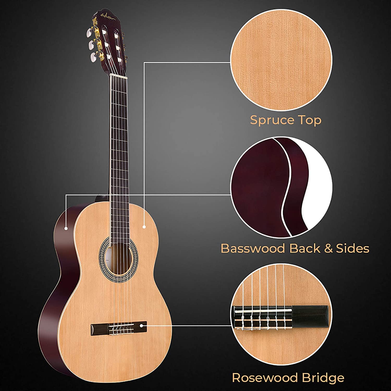 ADM Full Size Classical Acoustic Guitar with Nylon Strings (29 x 75 x 50mm) - Complete Starter Bundle for Adults & Beginners Including Gig Bag, Tuner, Footstool & Free Lessons - Perfect for Home Practice, Music Classes & Performances