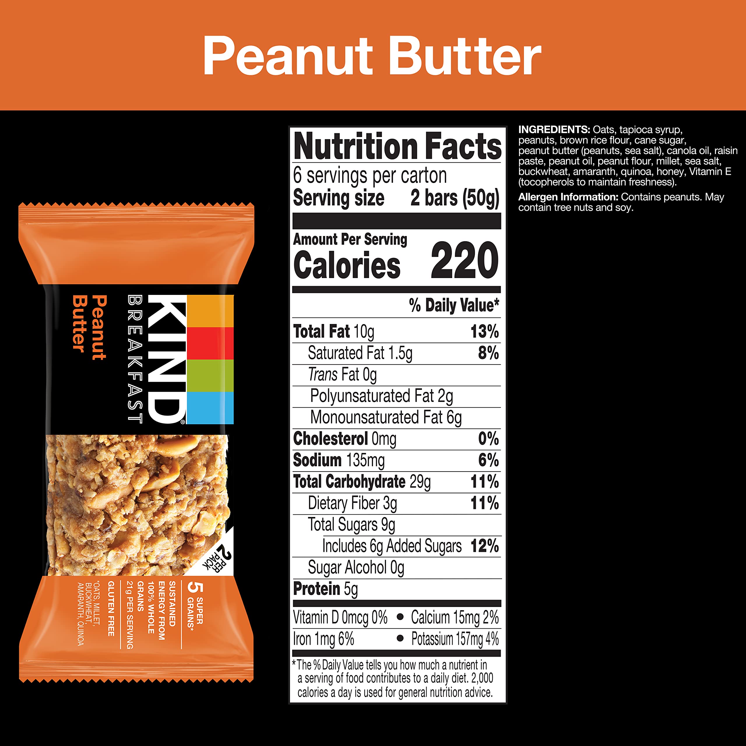 KIND Breakfast Bars - Healthy Peanut Butter Snack Bars, Gluten Free with Whole Grains & Oats, 5g Protein (30 Count) - Perfect for On-the-Go Breakfast, Work Snacks & Travel