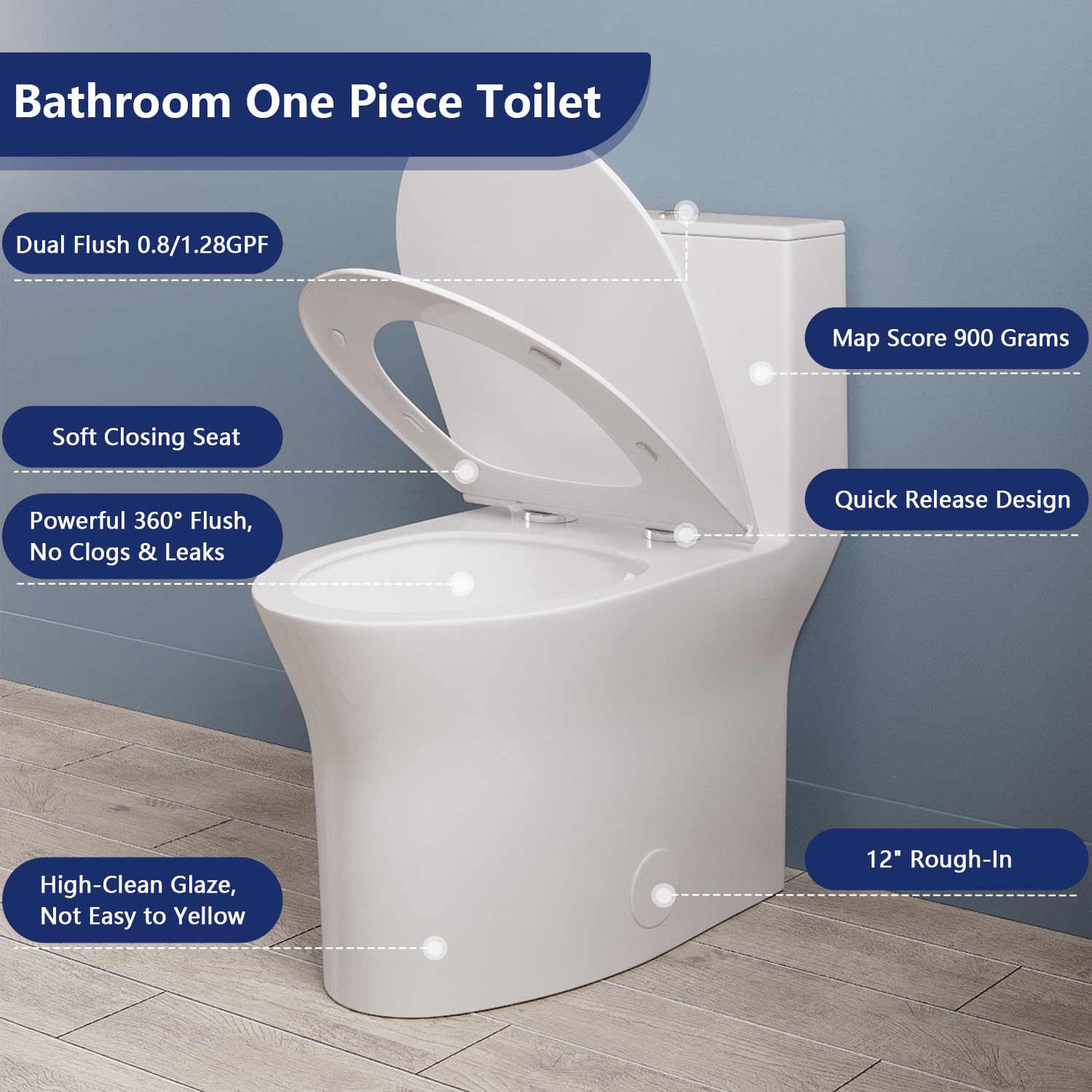DeerValley DV-1F0250 Compact One Piece Toilet - Space Saving Dual Flush (0.8/1.28 GPF) with Comfort Chair Height for Small Bathrooms - Powerful & Quiet Flush System (MAP 900g) - Ideal for Apartments, Tiny Homes & Powder Rooms