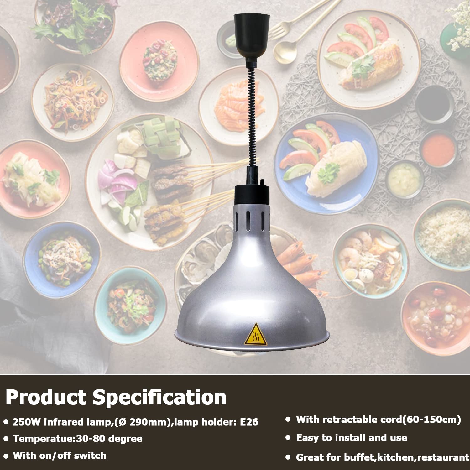 Commercial Food Warmer Light - Adjustable Telescopic Heating Lamp for Buffet, Kitchen & Restaurant (29cm Diameter, 60-150cm Height Adjustable, Silver) - Perfect for Keeping Food Warm at Catering Events, Buffet Tables & Commercial Kitchens