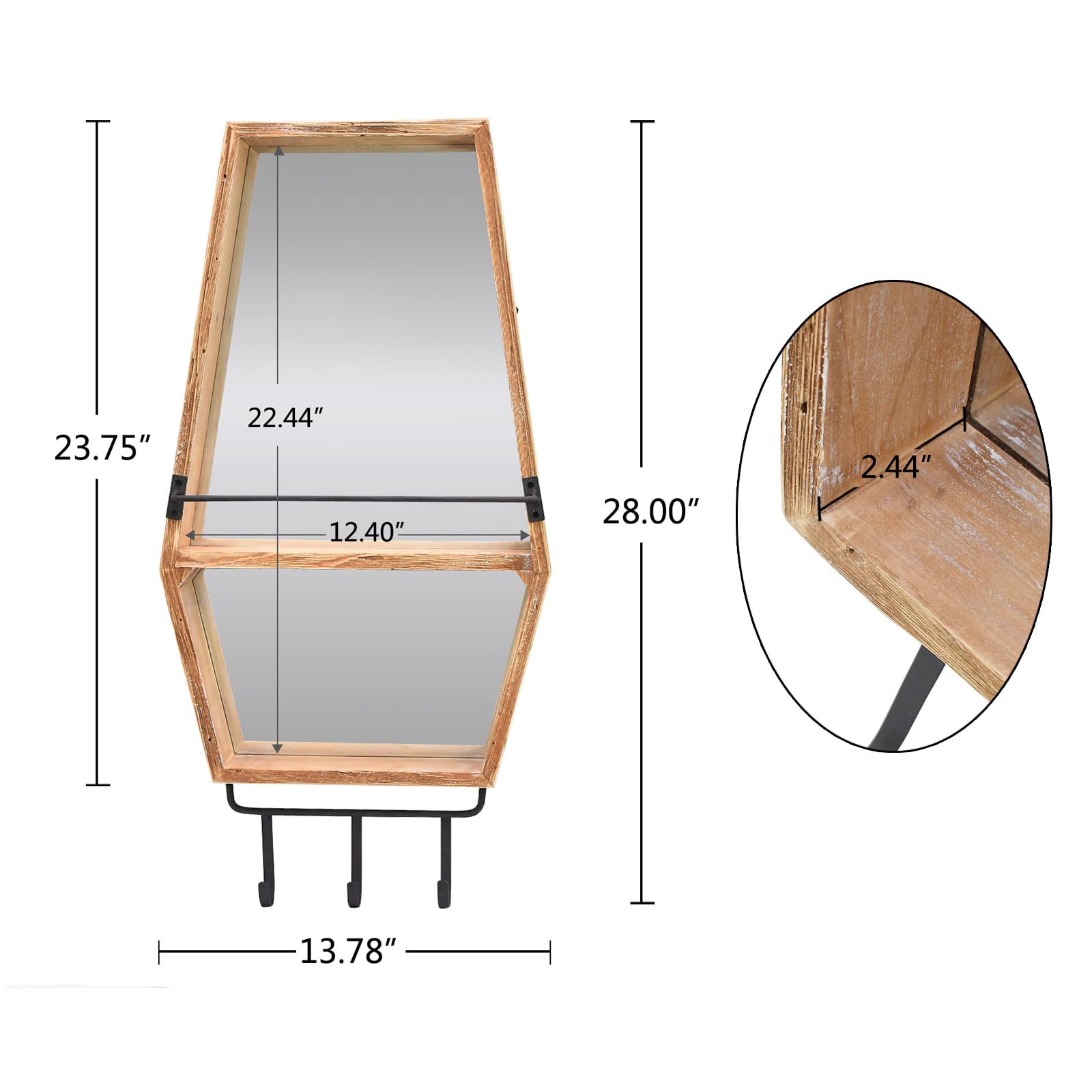 Rustic Wood Framed Wall Mirror with Hooks and Shelf - Decorative Hanging Entryway Mirror for Bathroom, Living Room, Bedroom - Farmhouse Decor (13.78