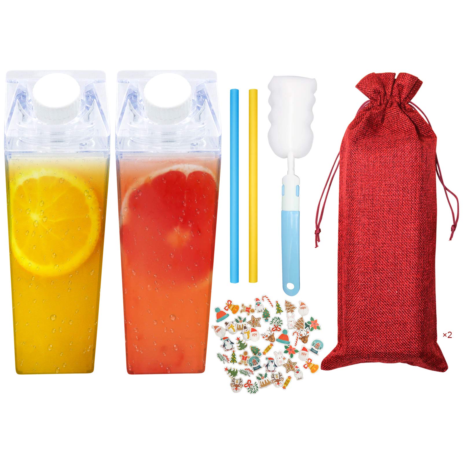 2 Pack 17oz Christmas Milk Carton Water Bottles - BPA Free Clear Square Reusable Bottles with Holiday Stickers, Straw & Cleaning Brush - Perfect for Outdoor Sports, Travel, Camping & Holiday Gift Giving