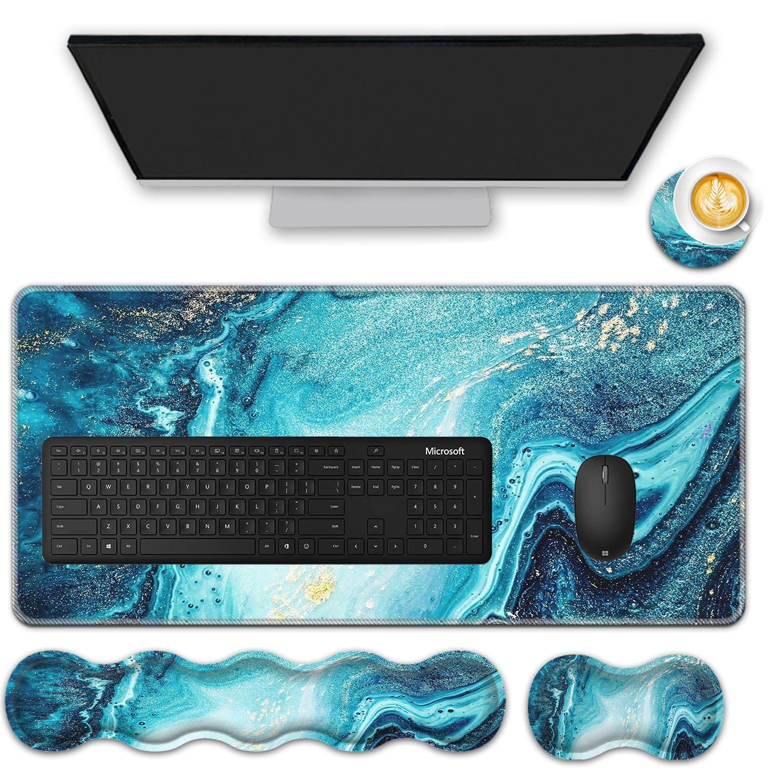 Premium Mouse Pad Set - 31.5×11.8 Inch Large Desk Mat with Keyboard Wrist Rest, Mouse Wrist Support & Coaster - Ergonomic Office & Home Computer Accessories for Comfortable Typing & Gaming (Teal Marble Design) - Perfect for Workstations, Home Offices & Gaming Setups