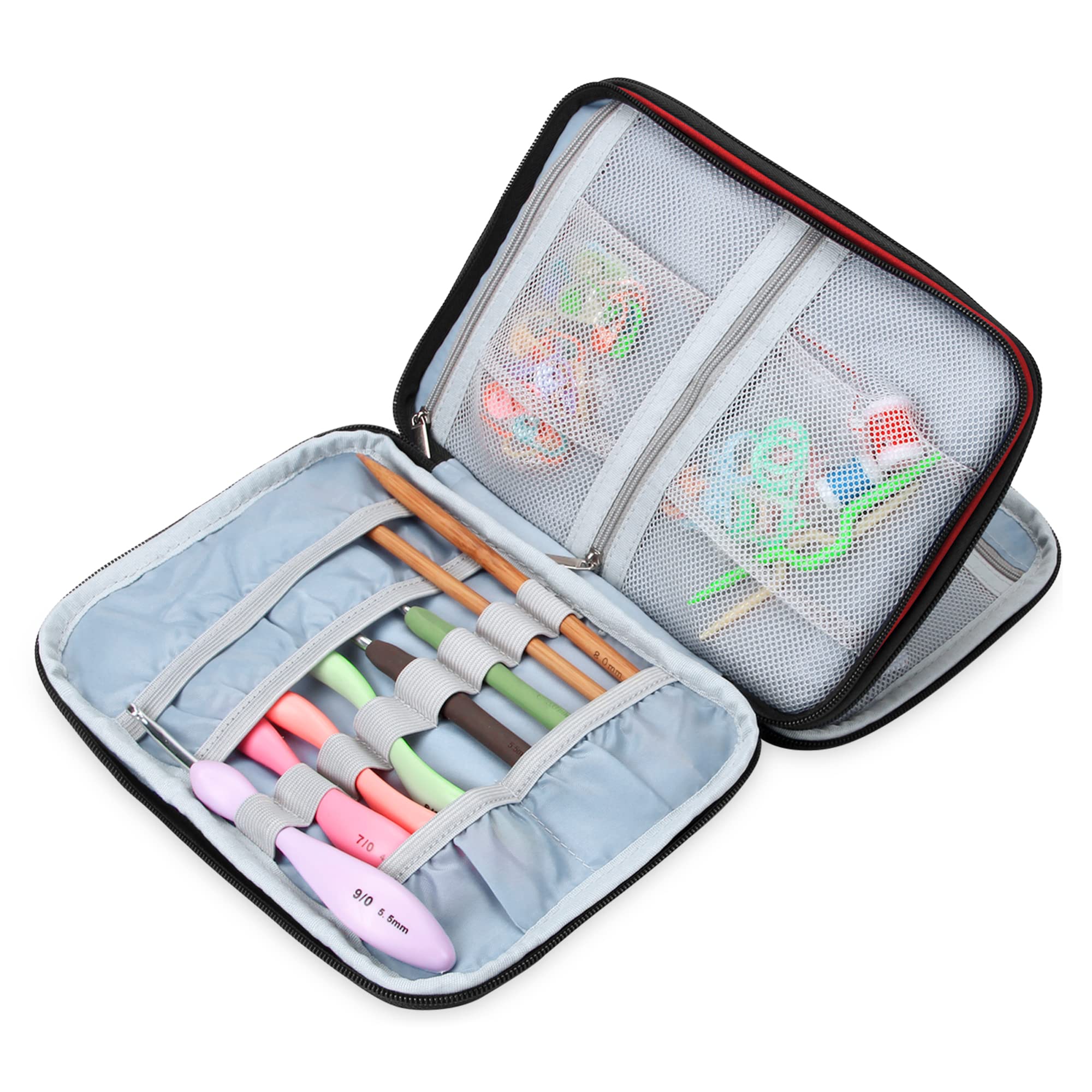 Premium Crochet Hook Organizer Case - Durable Knitting Needle Storage Bag for Swing, Lighted Crochet Hooks & Accessories (Fits Up to 8 Inch Tools) - Perfect for Crafters, Travel & Home Organization - Red Dot Design