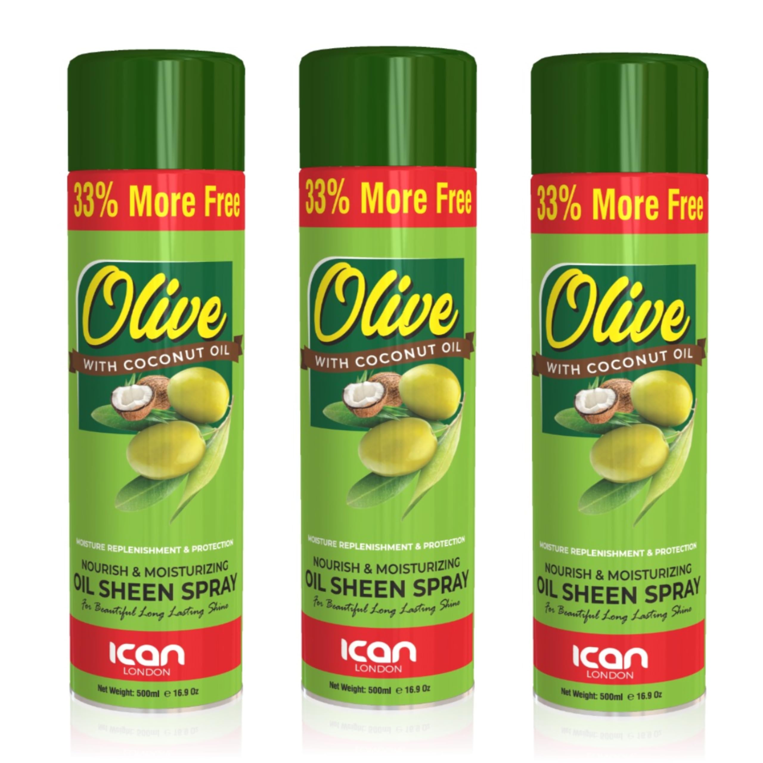 London Olive Oil & Coconut Oil Moisturizing Sheen Spray - 3 Pack (500ml Each) for Hair Hydration & Shine - Perfect for Dry, Damaged Hair & Daily Styling