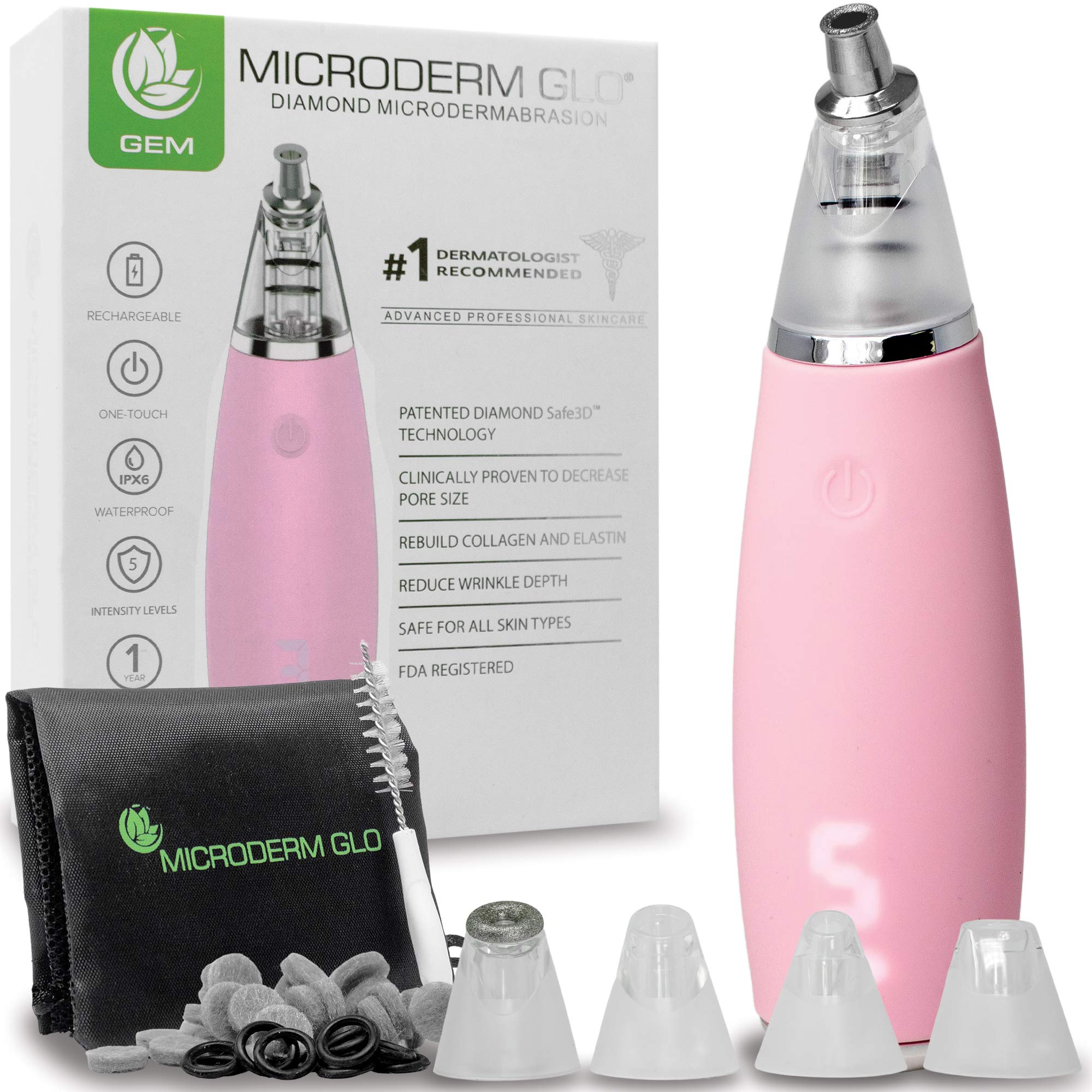 Microderm GLO GEM Diamond Microdermabrasion & Suction Tool - Professional Blackhead Remover Pore Vacuum for Deep Facial Cleansing - Anti-Aging Wrinkle Treatment Machine Boosts Collagen & Reduces Acne Scars (Pink) | Perfect for At-Home Spa Days & Professional Skincare Routines