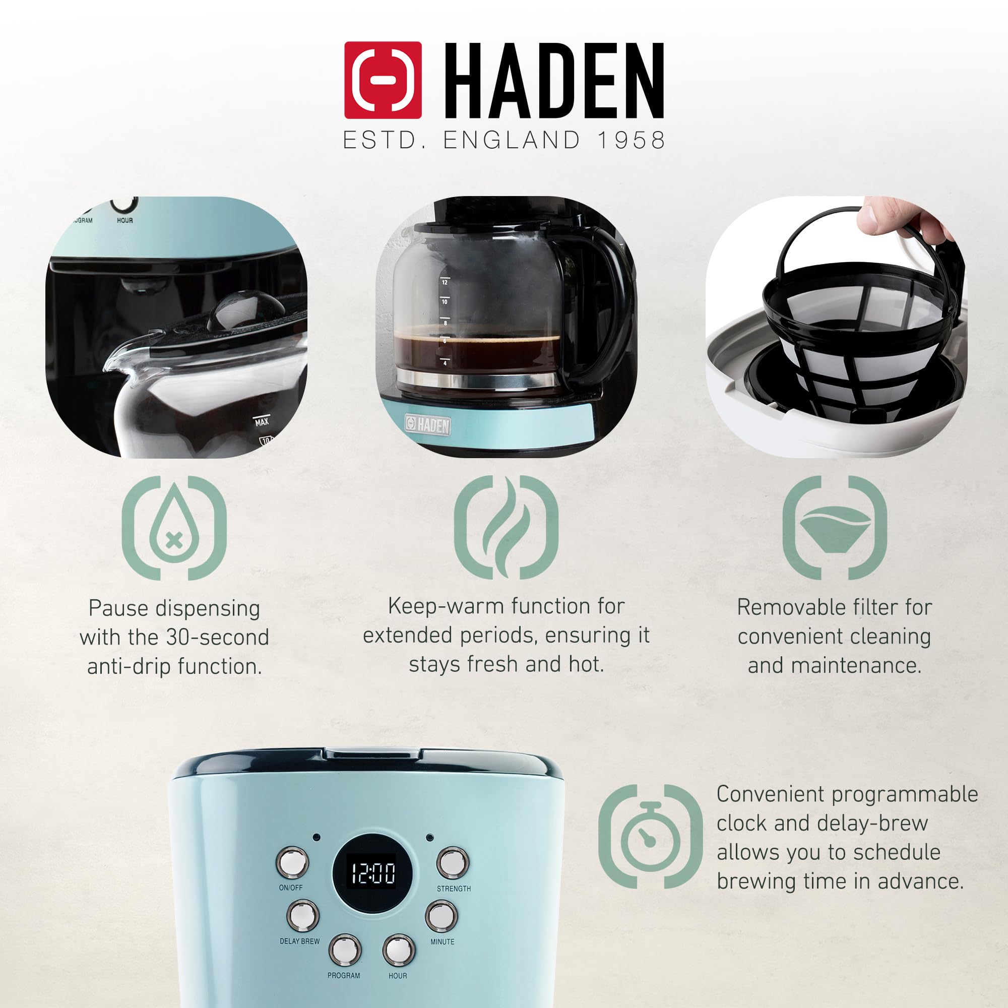 HADEN Heritage 12-Cup Programmable Vintage Coffee Maker & 2-Slice Stainless Steel Toaster Set - Retro Kitchen Appliances for Home, Office, or Cafe - Turquoise