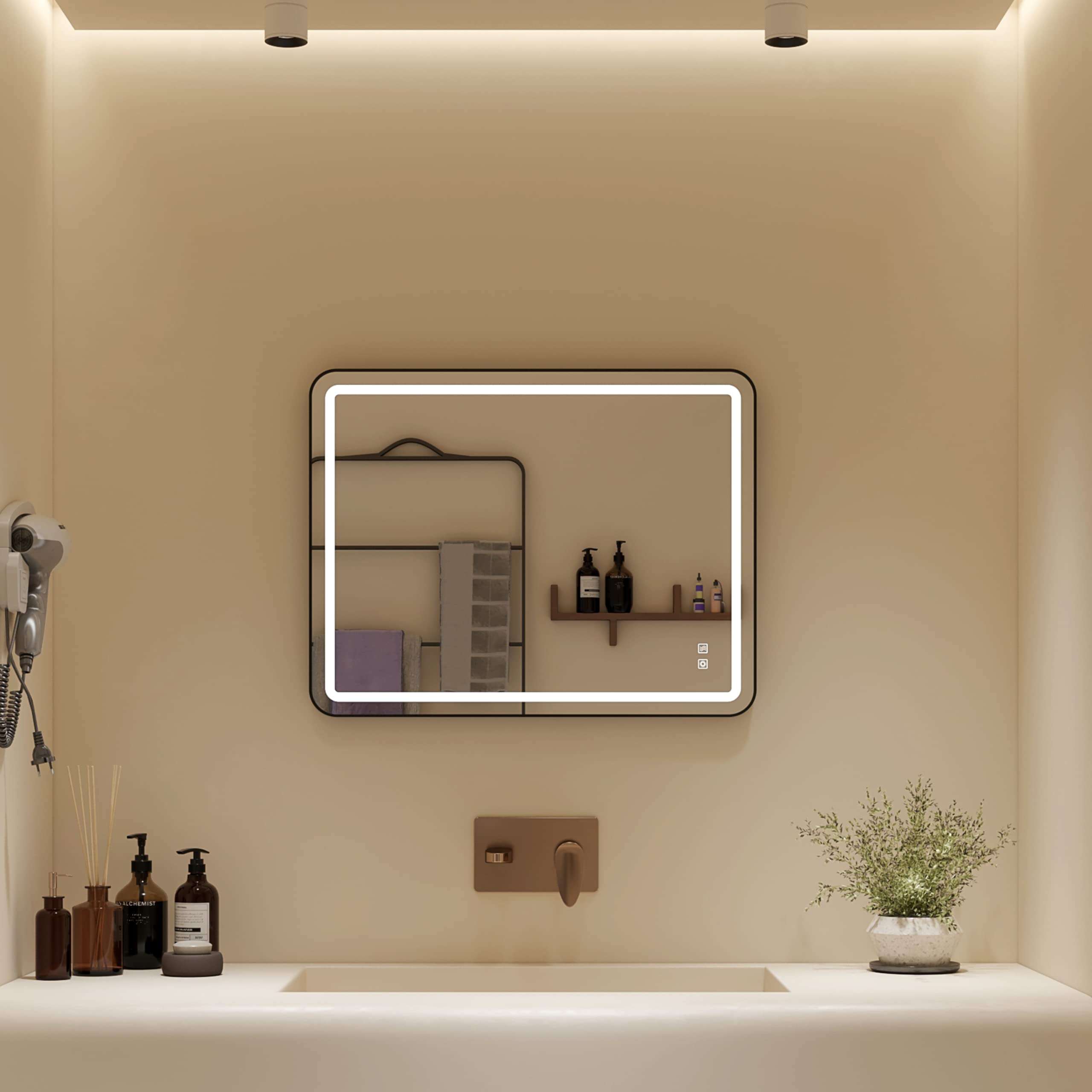 HOROW 36x28 Inch Smart LED Bathroom Mirror with Lights - Fogless, Black Rounded Rectangle Wall Mount Mirror for Vanity (Horizontal/Vertical Installation) - Perfect for Makeup, Shaving & Home Decor
