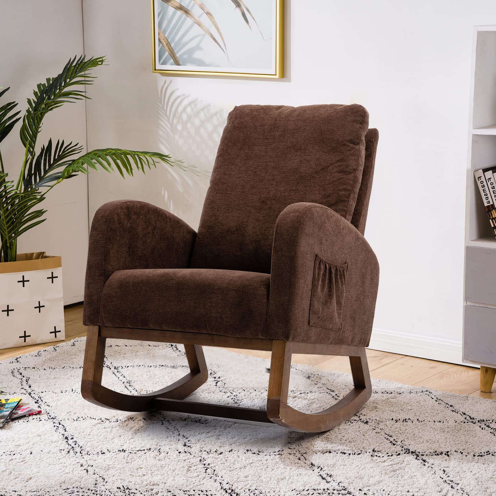 SSLine Upholstered Rocking Chair - Modern Fabric Rocking Armchair for Nursery, Living Room, Bedroom & Office | Comfortable Lounge Chair for Relaxing, Reading & Nursing (Coffee Brown)