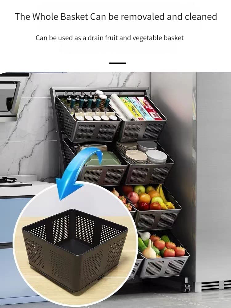 3-Tier Metal Kitchen Storage Basket with Wheels & Push Handle - Black | Multi-Purpose Organizer for Fruits, Vegetables, Pantry & Bathroom | Space-Saving Floor Stand Cart for Home & Office