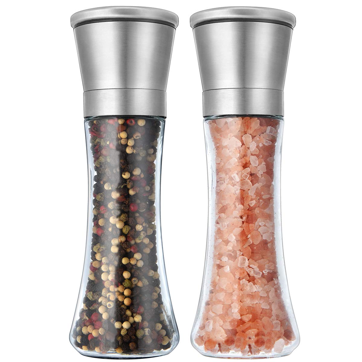 Premium Stainless Steel Salt and Pepper Grinder Set - Adjustable Ceramic Mill with 6oz Glass Body & Brushed Finish - Ideal for Kitchen, Dining Table, and Gourmet Cooking Gifts