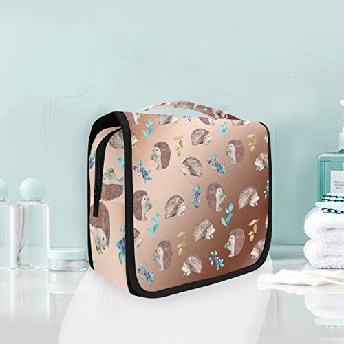 Foldable Hanging Toiletry Bag for Travel - Grey Hedgehog Cosmetic Makeup Organizer with Storage Pockets, Waterproof Wash Bag for Women & Girls - Perfect for Bathroom, Gym, Camping & Vacation Essentials
