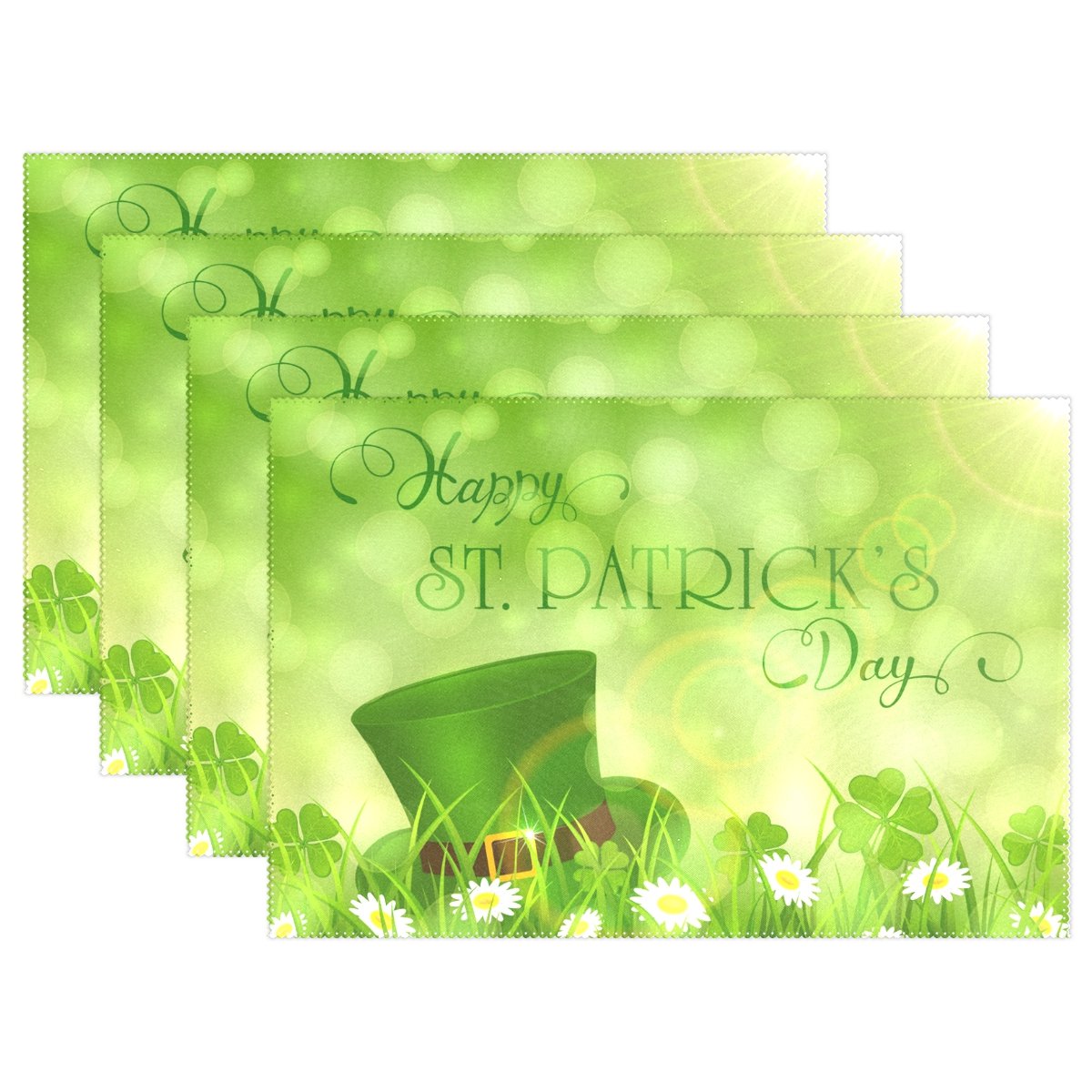 ALAZA St. Patrick's Day Clover Flower Leprechaun Hat Placemats - Set of 4 Heat-Resistant Washable Polyester Table Mats for Kitchen & Dining Decor | Perfect for Irish-Themed Parties, Holiday Dining & Festive Home Decor