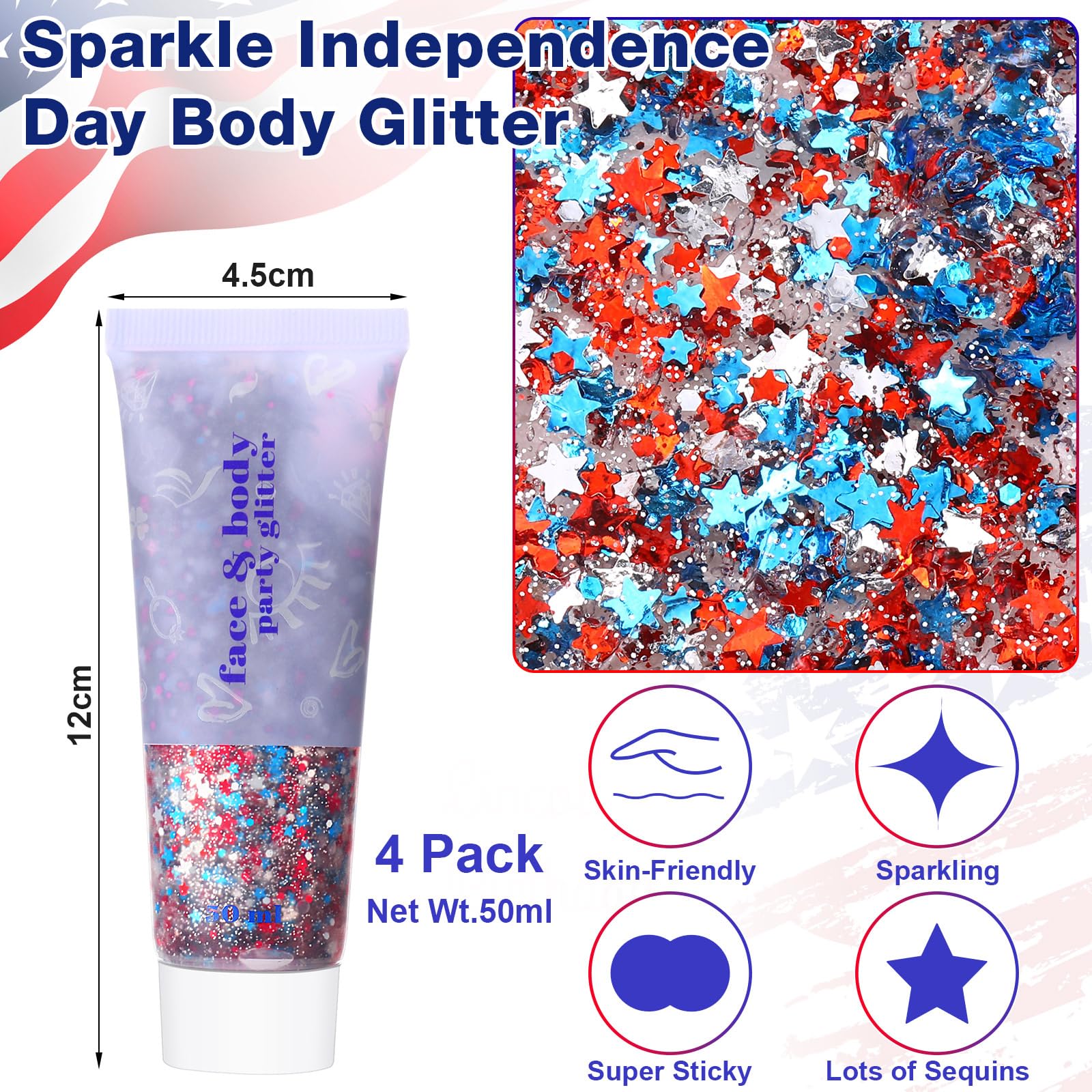 14 Pcs Patriotic Independence Day Accessories Kit - 4 Red White Blue Glitter Gels, 10 USA Flag Temporary Tattoos for Face & Body - Perfect for 4th of July Parties, Festivals, Raves & Patriotic Events