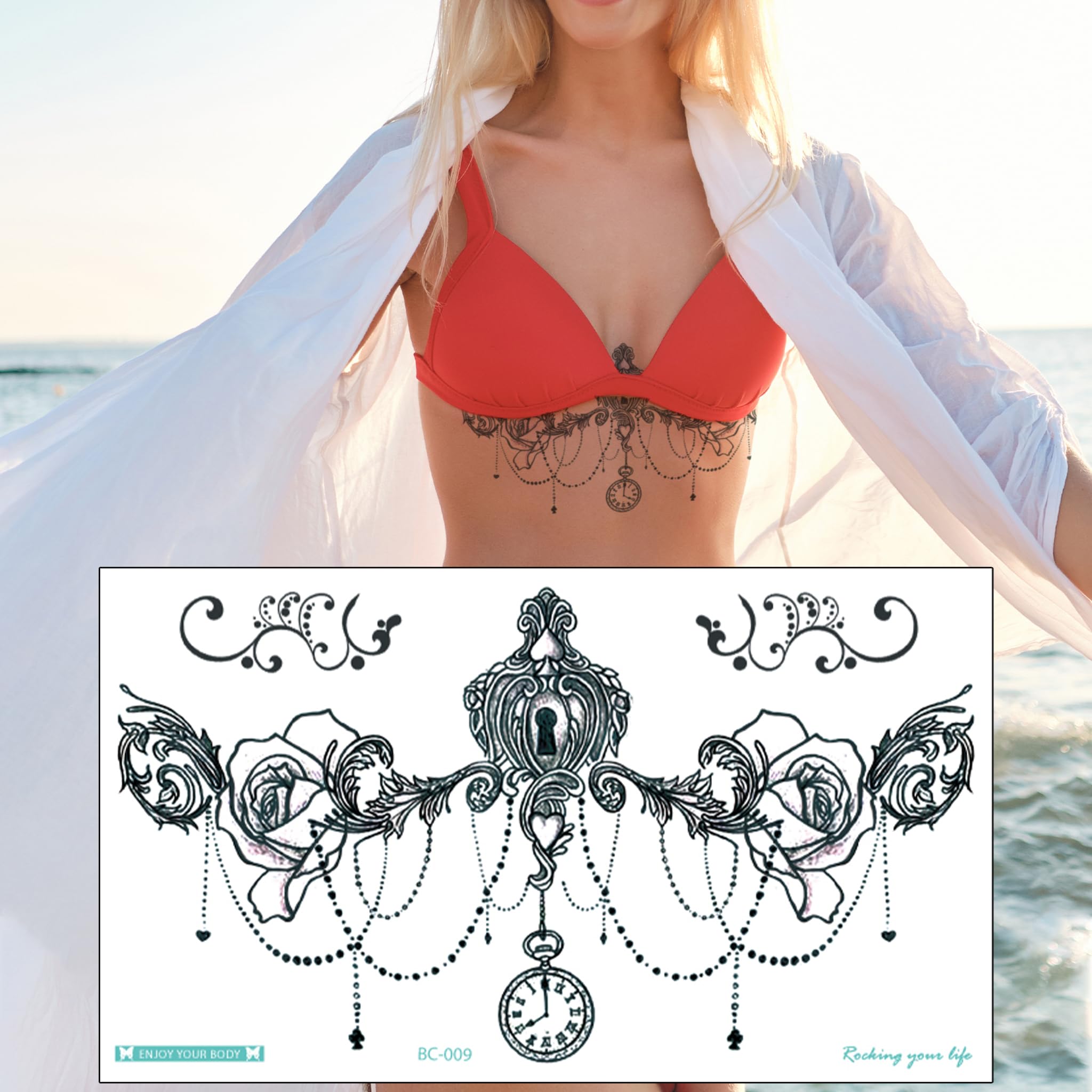 Delusion Tattoos Temporary Tattoo Set - Rose & Pocket Watch Pendant Chain with Black Beads, Realistic Waterproof Transfer Stickers for Wrist, Arm, Chest, Back Body Art - Perfect for Men, Women, Kids Costume Parties, Halloween, Cosplay & Fashion Events