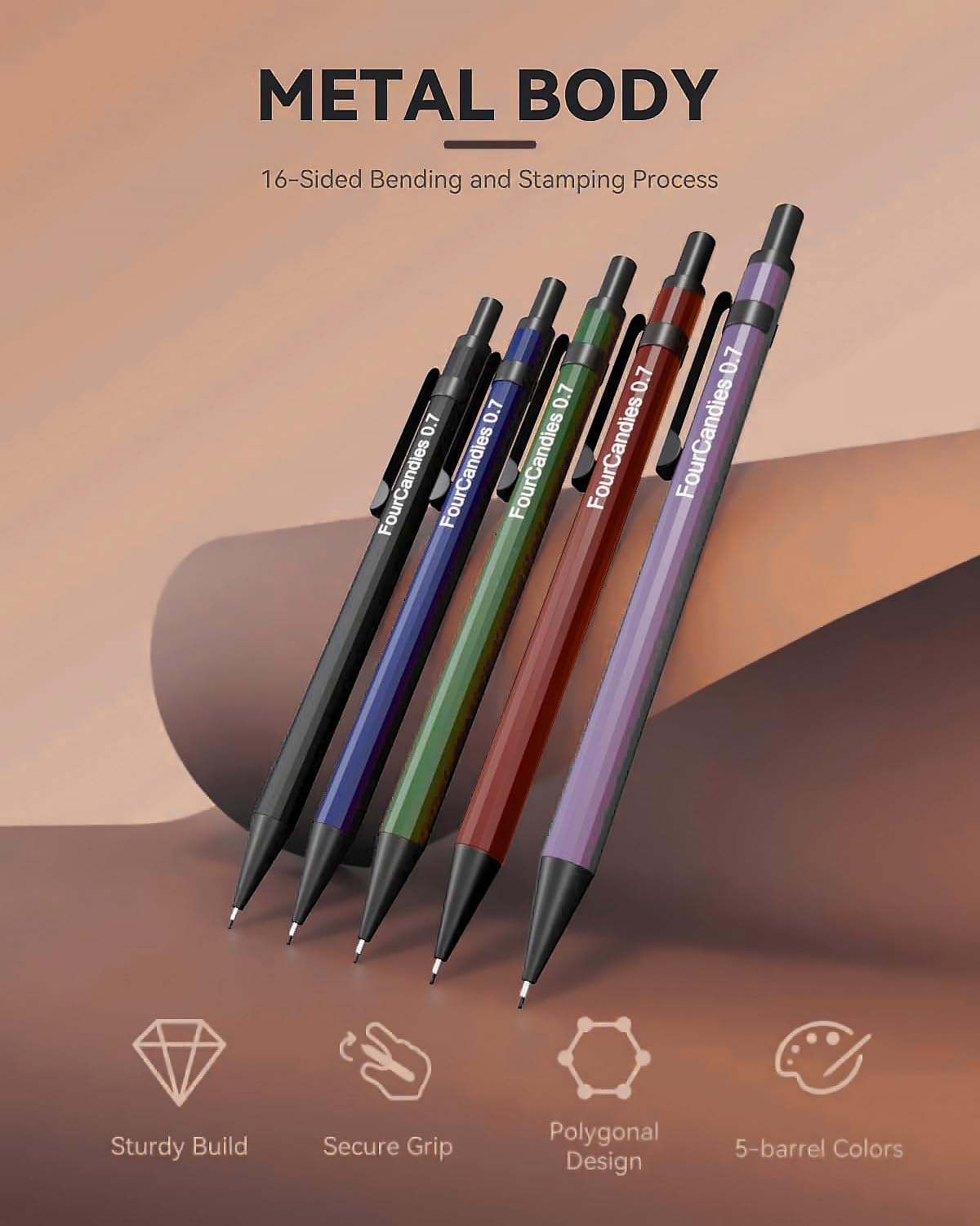 0.7mm Four Candies Metal Mechanical Pencils with #2 Leads - 19-Piece Set Includes Erasers, Refills & Case - Premium Writing & Drawing Tools for School, Office, Sketching & Art Projects