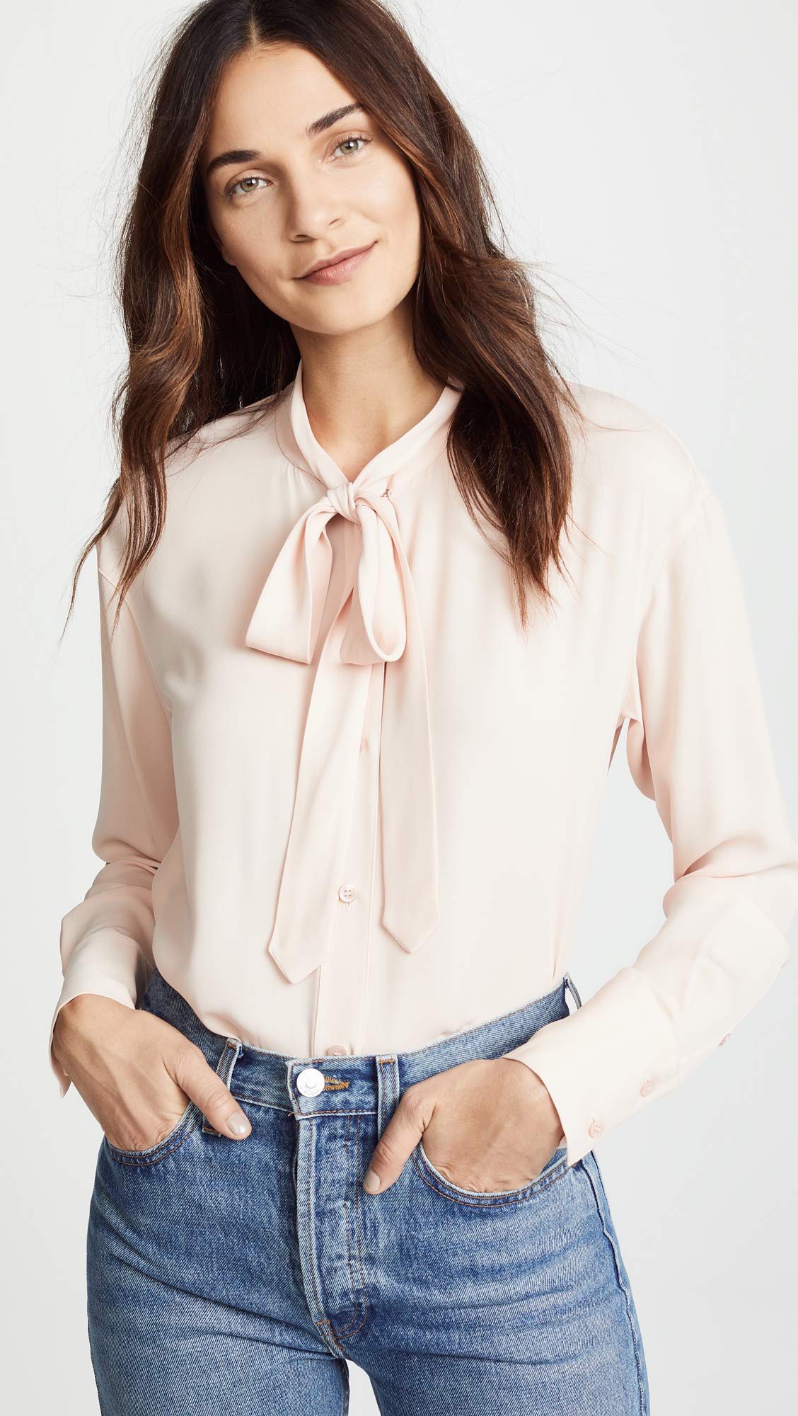 Theory Women's Long Sleeve Tie Neck Blouse - Elegant Office Wear & Casual Weekender Top for Work & Weekend Outings