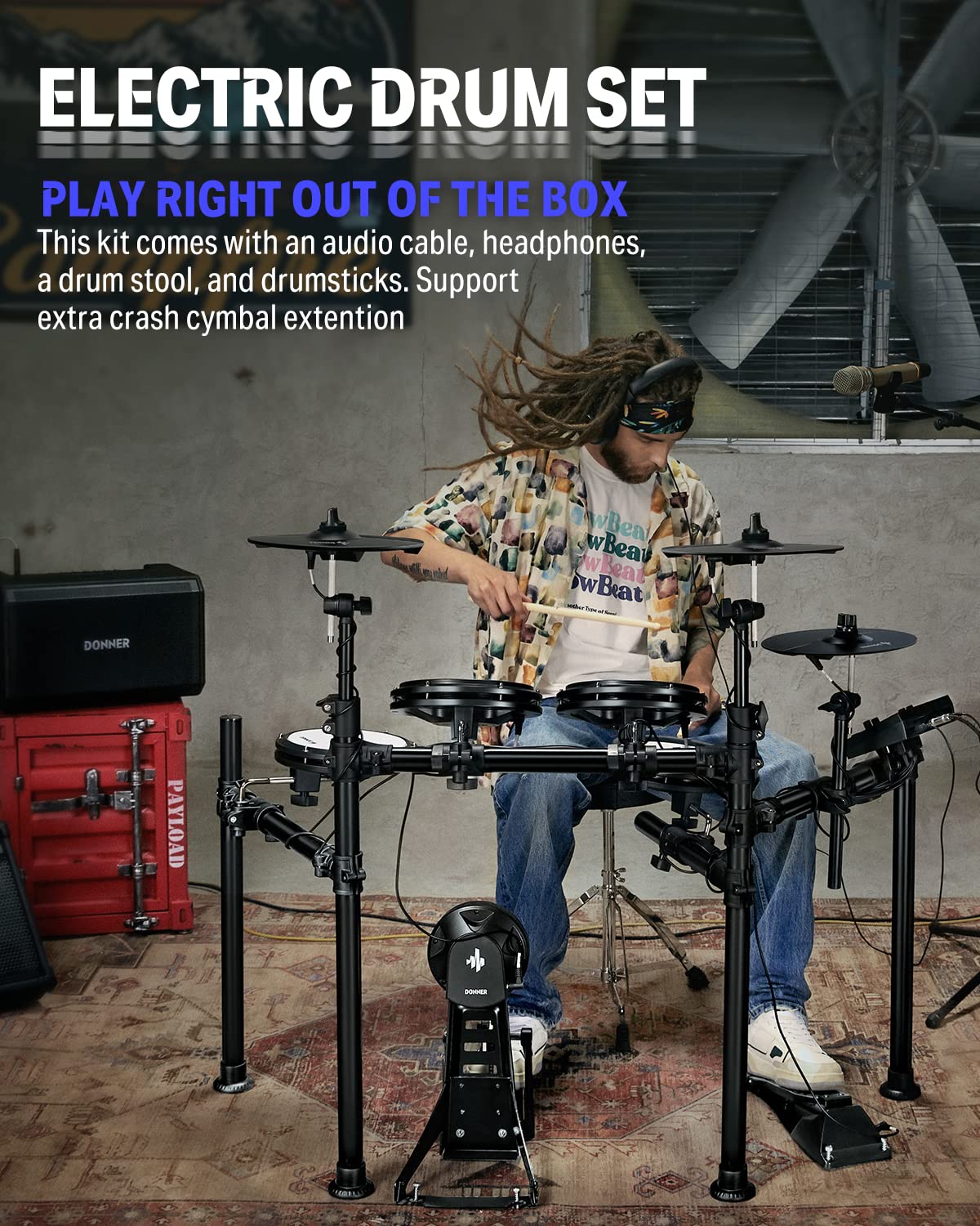 Donner DED-200X Electronic Drum Set with Mesh Pads & 35W Drum Amp - Wireless Bluetooth, Aux Input for Home Practice & Studio Recording | Perfect for Beginners & Professional Drummers