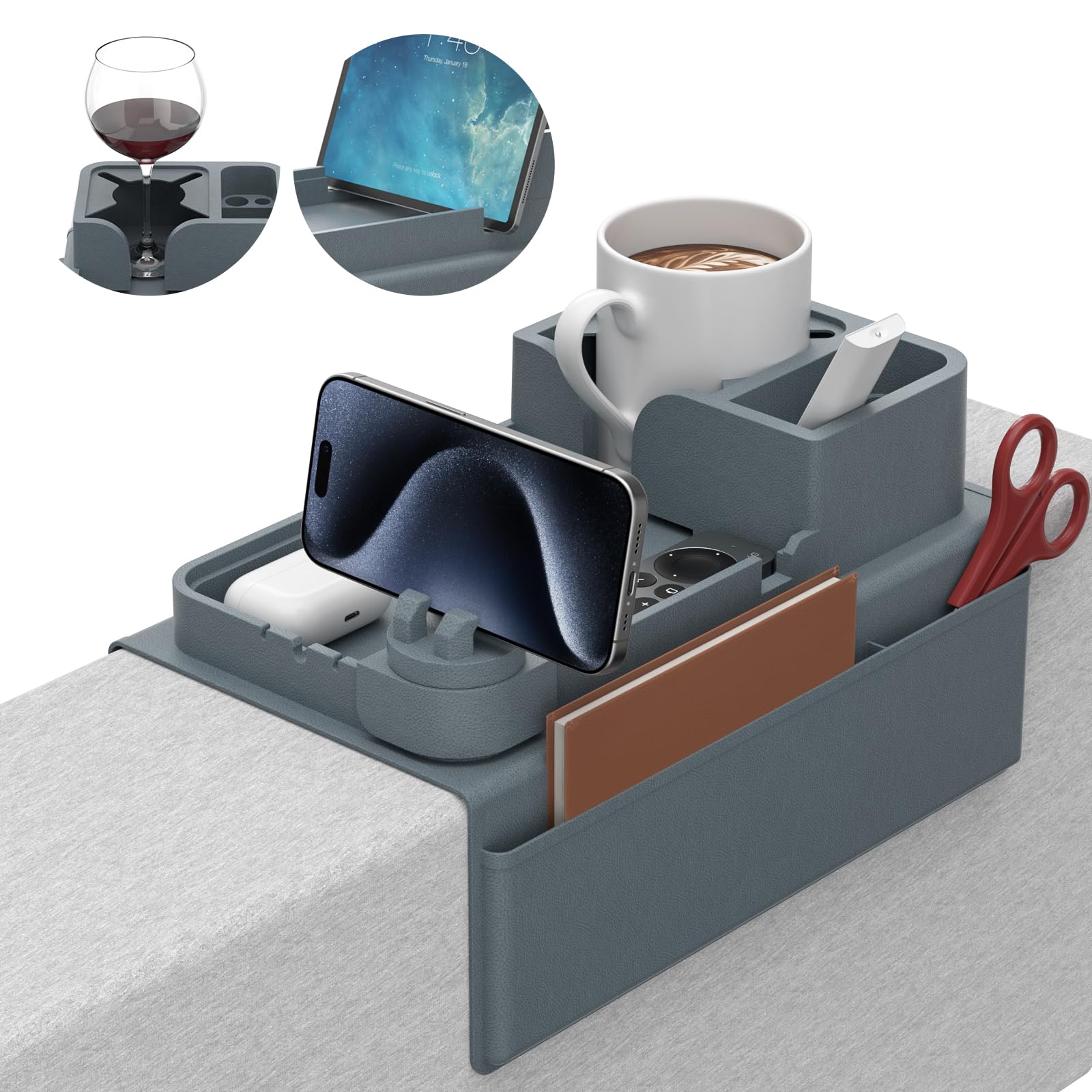 CLESOO Anti-Slip Silicone Couch Armrest Cup Holder with Dual Side Pockets - Sofa Drink Tray, Snack Caddy & Phone Holder for Recliners (Blue) | Perfect for Movie Nights, Gaming Sessions & Relaxing on Your Couch