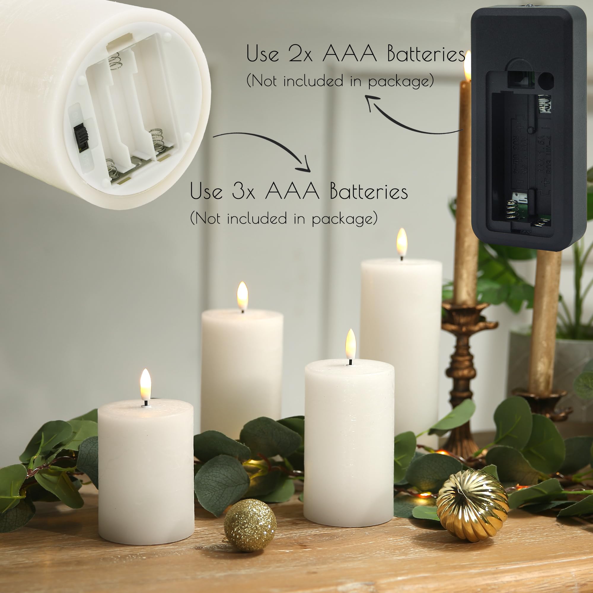 LUSHABOR 4 Pack Flameless LED Candles with Remote - Battery Operated Real Wax Pillar Candles with Timer & Flickering Effect - Perfect for Christmas Decorations, Wedding Centerpieces, Home Party Lighting (White)