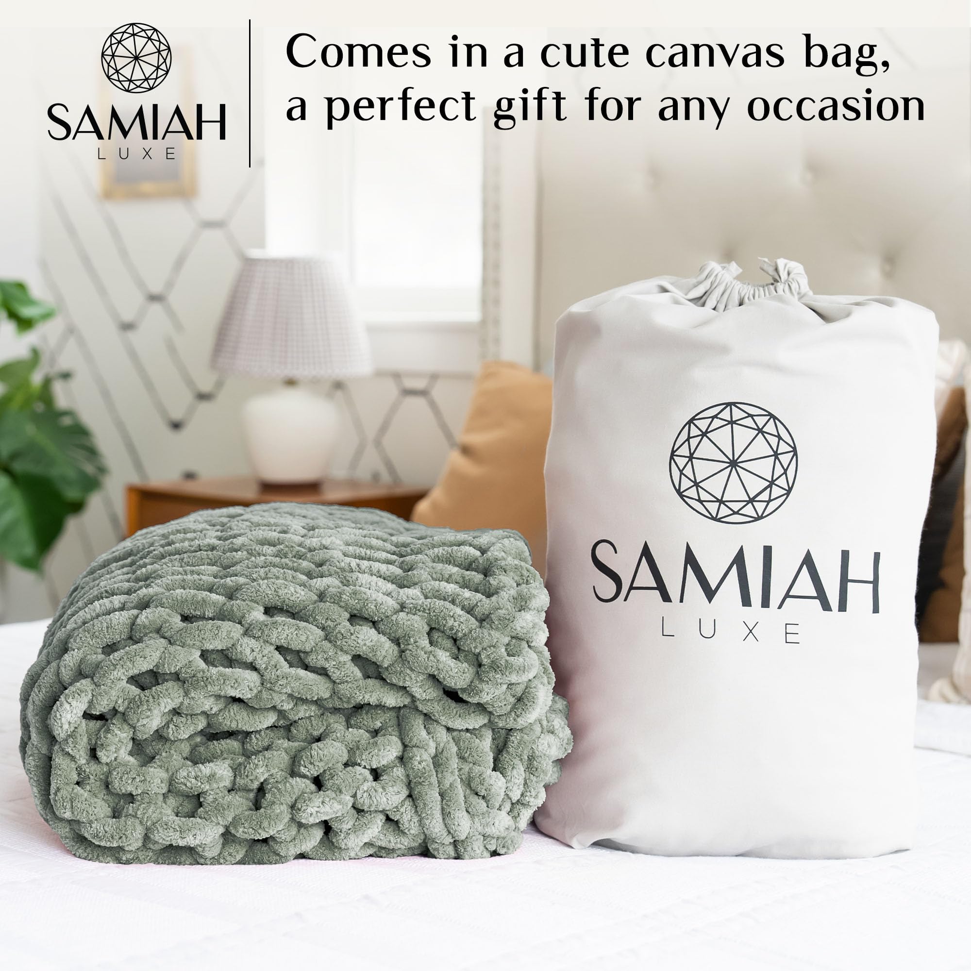SAMIAH LUXE Sage Green Chunky Knit Blanket Throw 50x60 Inches - Soft Chenille Knitted Blanket for Couch, Bed & Home Decor - Cozy Thick Yarn Crochet Throw for Living Room, Bedroom & Boho Style - Perfect for Snuggling, Netflix Nights & Gift Giving