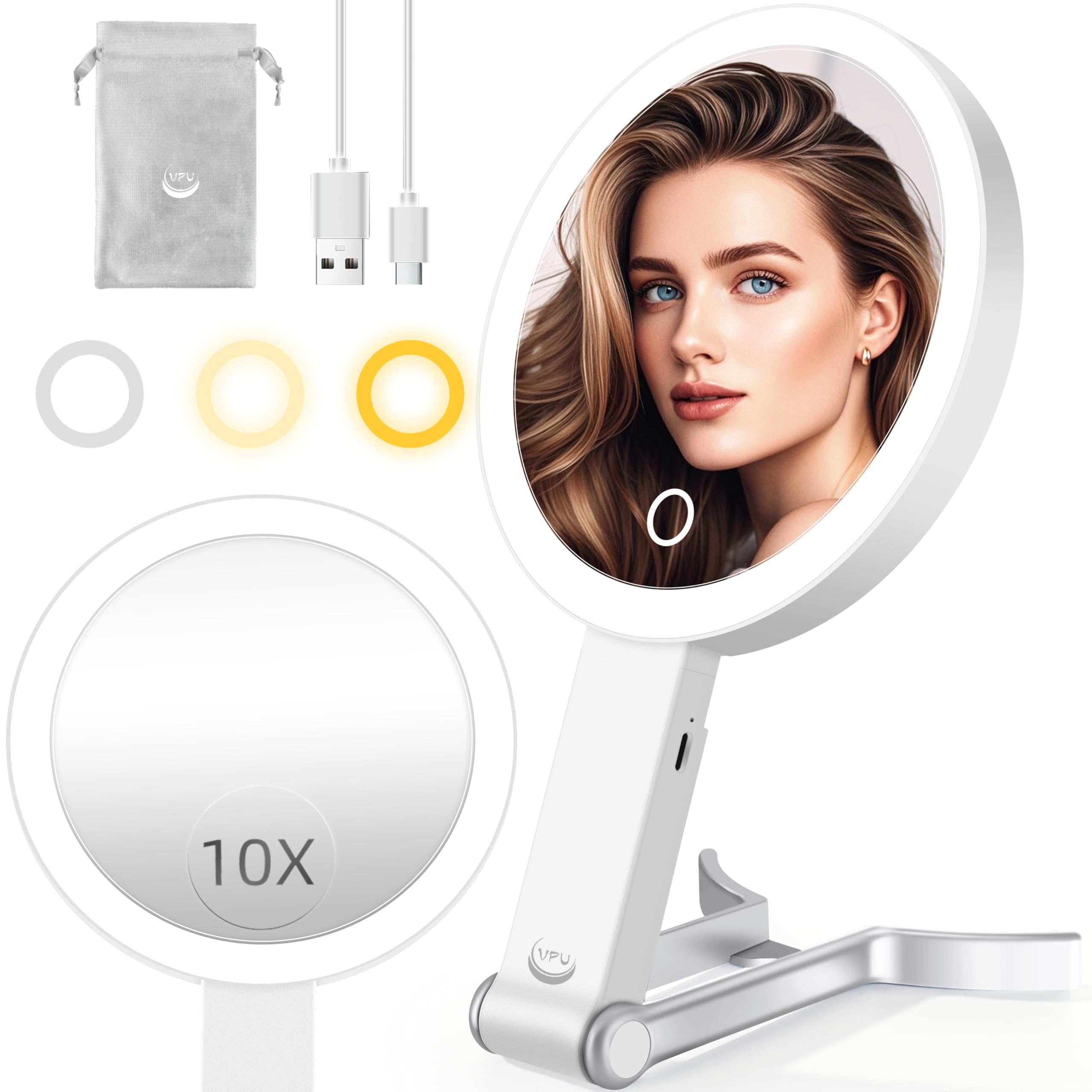 10X/1X Magnifying Travel Makeup Mirror with LED Lights - Rechargeable Portable Cosmetic Mirror with 3 Color Lighting & Dimmable Touch Screen - Perfect for Vanity, Dressing Table, and On-the-Go Makeup Application