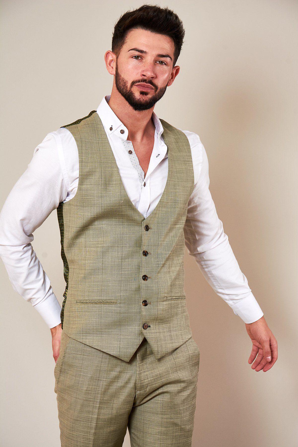 Mustard Beige Check Single Breasted Waistcoat for Men - Stylish Formal Vest for Weddings, Office & Business Attire