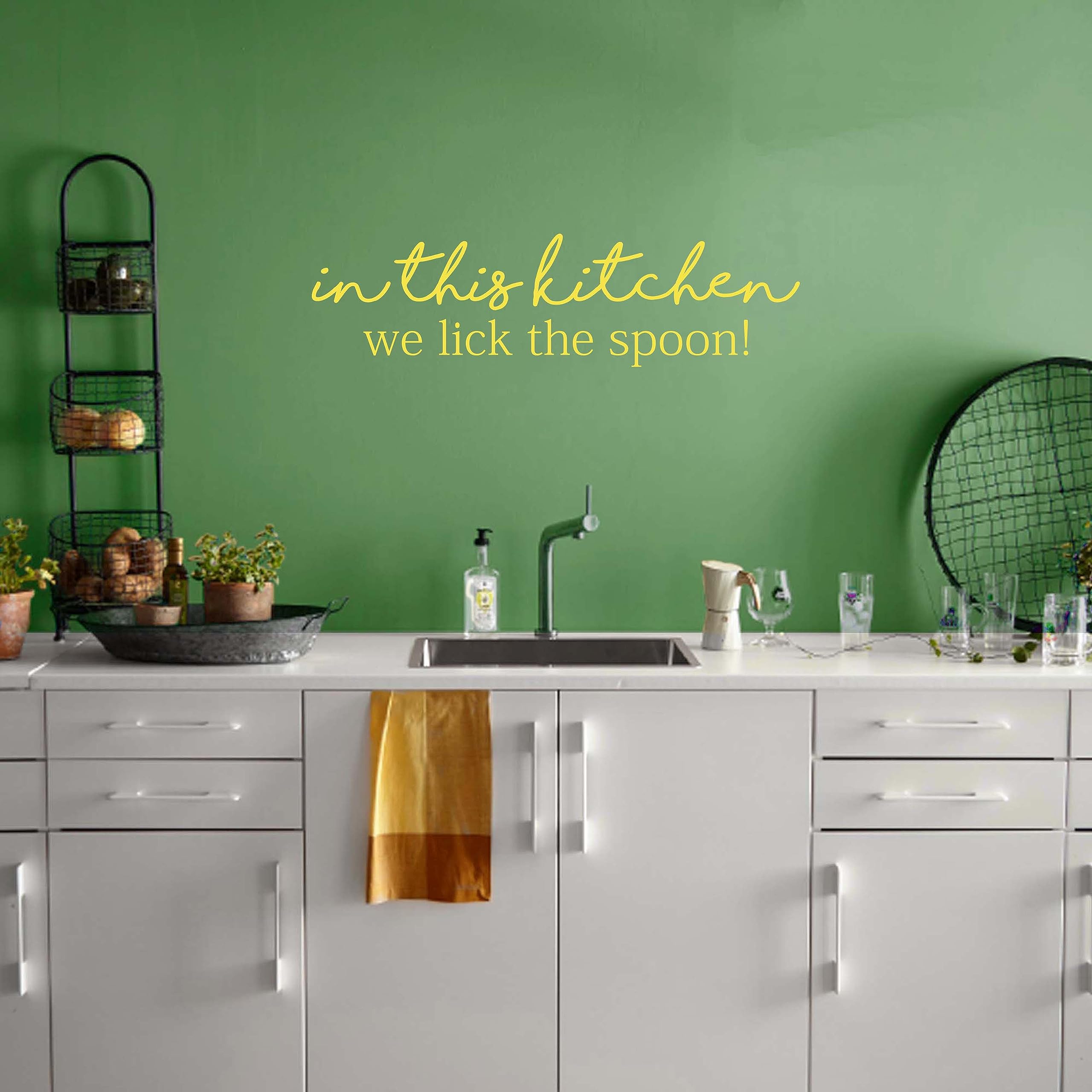 Funny Kitchen Wall Decal Sticker - 'In This Kitchen We Lick The Spoon' Quote | Removable Vinyl Art for Kitchen Door & Walls | Yellow Home Decor | Perfect for Farmhouse, Modern & Apartment Kitchens