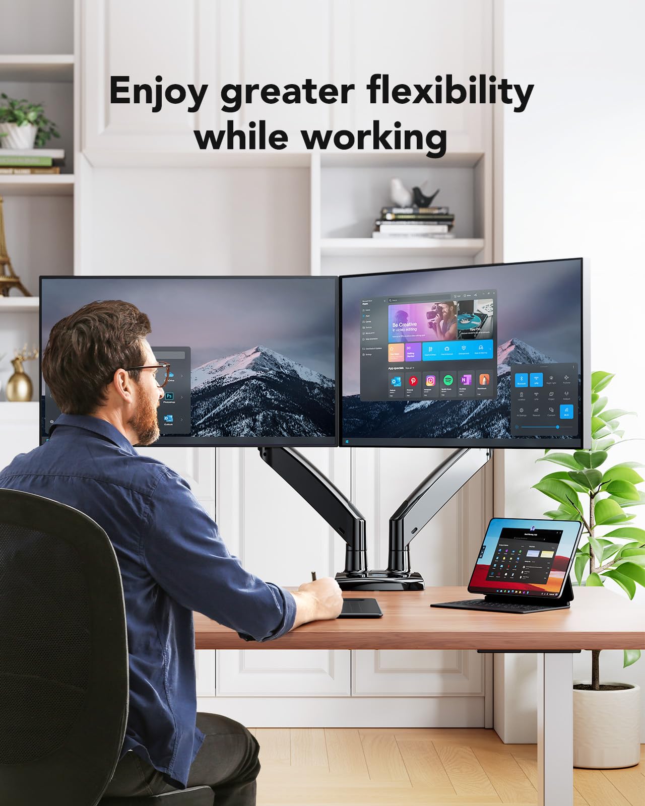 HUANUO Dual Monitor Stand for 13 to 40 Inch Screens - Heavy Duty Adjustable VESA Mount with USB Ports, Holds 2 Monitors up to 26.4lbs Each (Clamp/Grommet Base) - Perfect for Home Office, Gaming Setup & Workstation (Black)