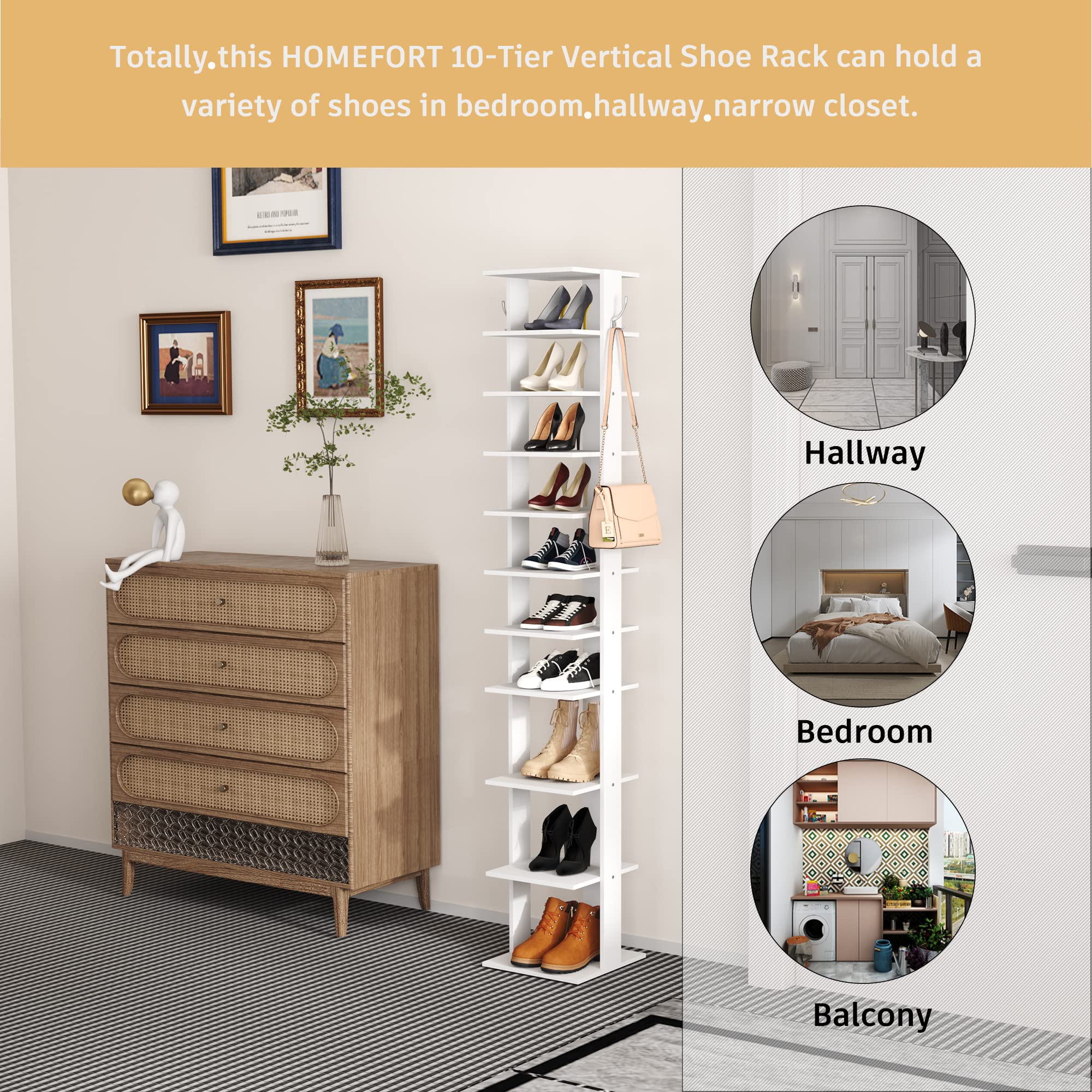 HOMEFORT 10-Tier Vertical Shoe Rack Organizer - Space Saving Corner Shoe Tower with 2 Hanging Hooks - Slim Wooden Shoe Storage Stand for Entryway, Hallway, Closet - Perfect for Small Spaces & Shoe Lovers (White)