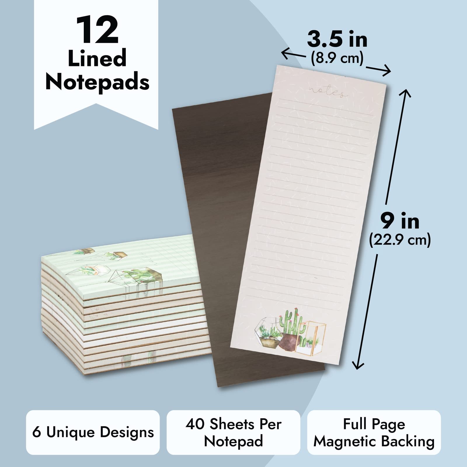 12-Pack Magnetic Notepads for Refrigerator - 3.5x9 Inch Succulent Design Sticky Notes with Full Magnetic Back for Grocery Lists, To-Do Lists & Appointment Reminders - Perfect for Kitchen, Office, Locker & Filing Cabinet Organization