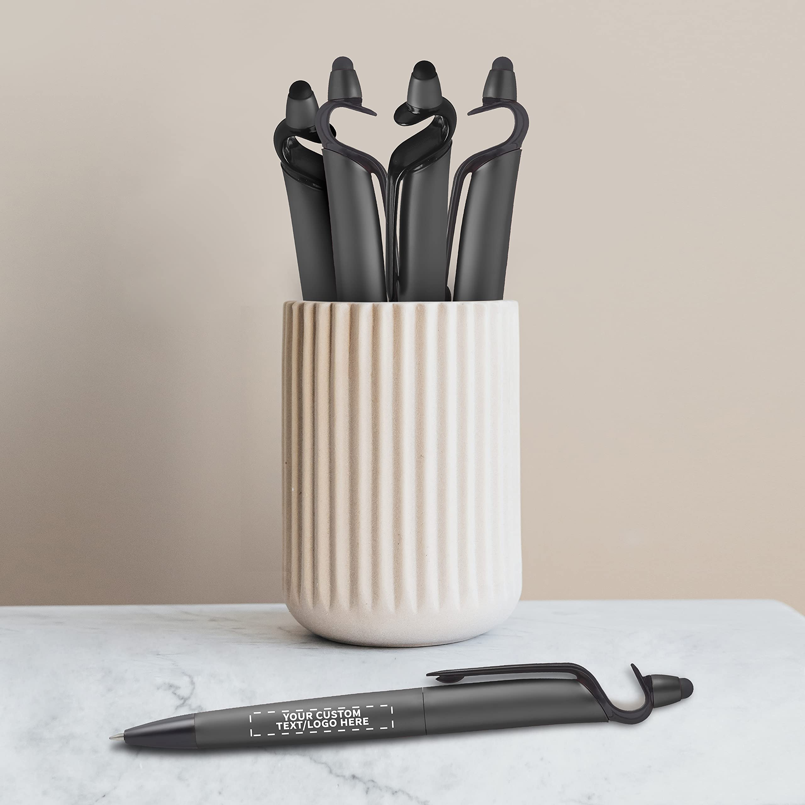 3-in-1 Multi-Function Stylus Pen with Phone Stand - 50 Pack Bulk Ballpoint Pens with Black Ink - Custom Text & Logo Printing - Ideal for Office, School & Business Promotions