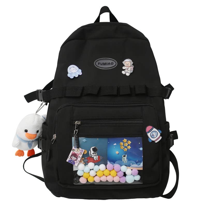 Cute Kawaii Backpack for School Girls with Pins & Accessories - Aesthetic Black Laptop Bag for College, Travel & Everyday Use