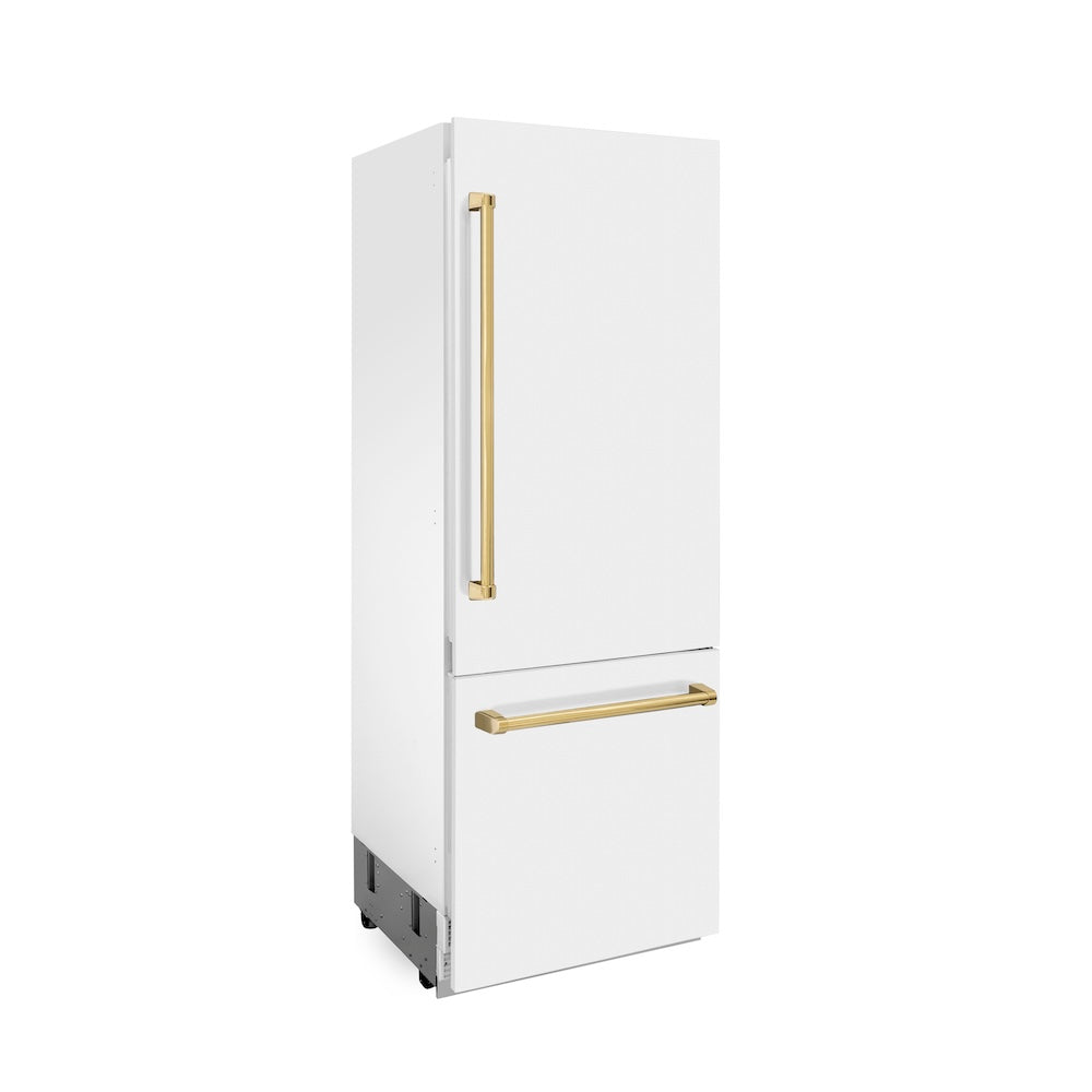 ZLINE Autograph Edition 30-inch Built-In Bottom Freezer Refrigerator - 16.1 cu.ft Capacity, Water Dispenser & Ice Maker - White Matte Finish with Polished Gold Accents (RBIVZ WM 30 G) | Perfect for Modern Kitchens & Open-Concept Homes