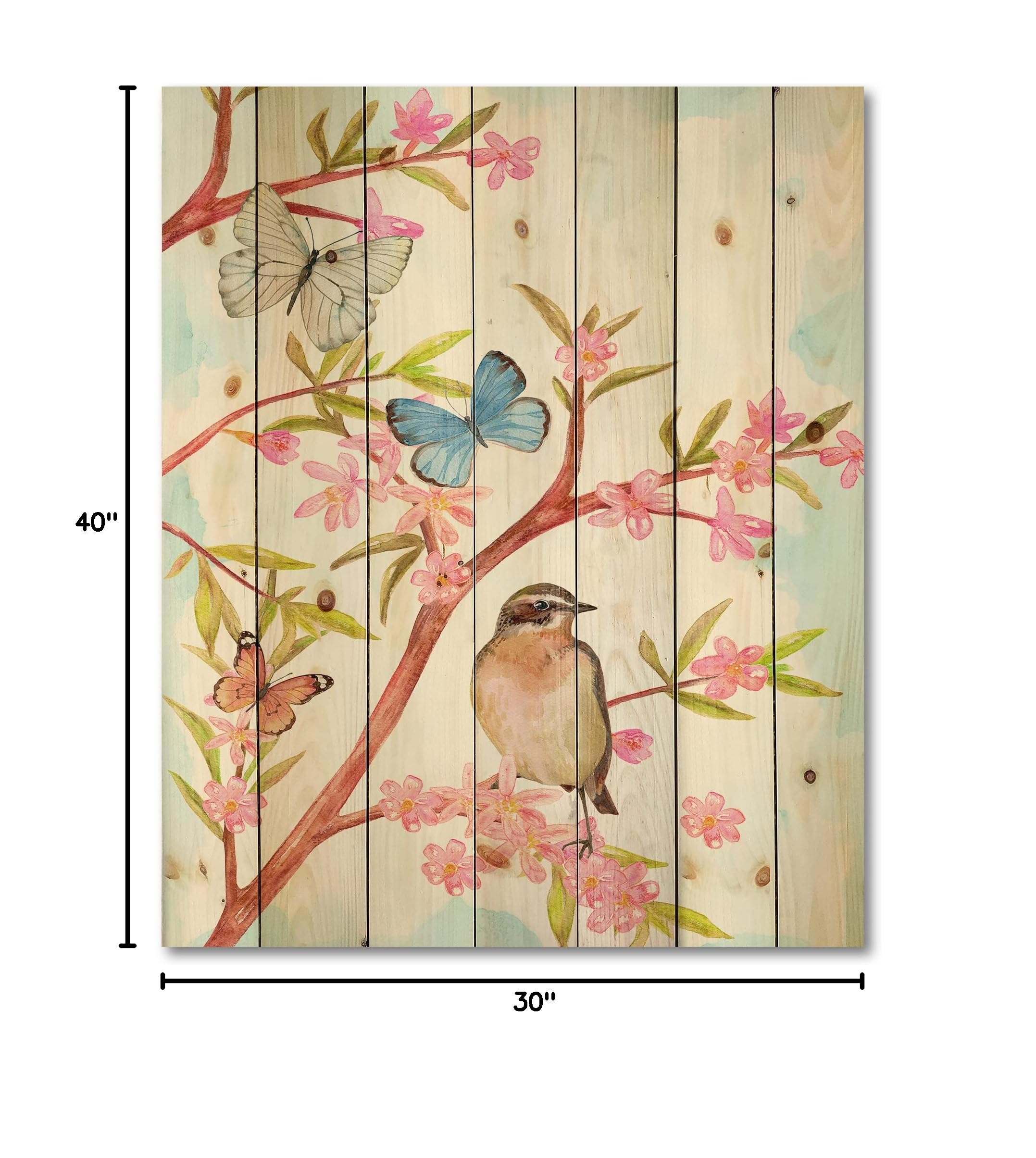 DesignQ Traditional Wood Wall Decor - Pink Clever Bird Sitting on Spring Tree Branch, Large Animal Wood Wall Art Panels Printed on Natural Pine Wood for Living Room, Bedroom & Nursery Decor
