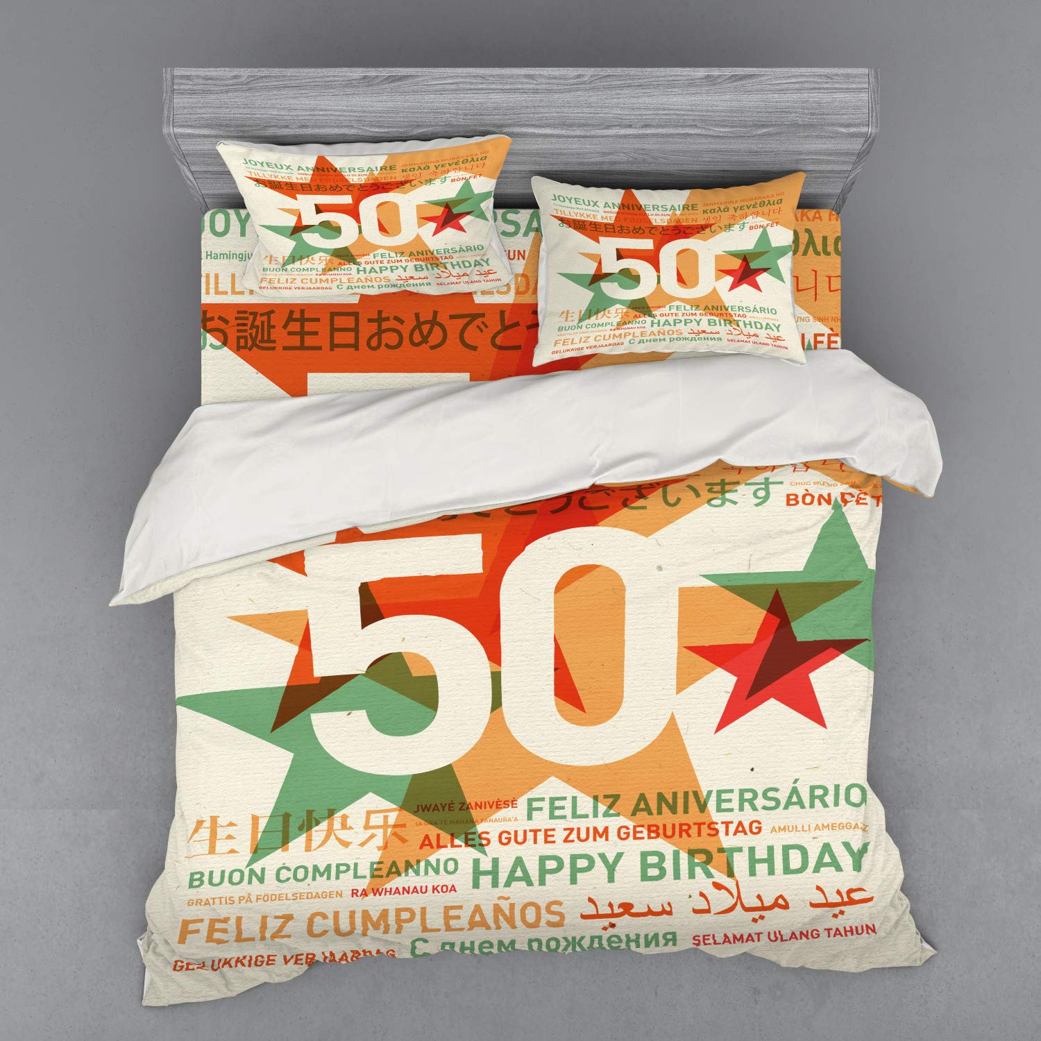 Ambesonne 50th Birthday Duvet Cover Set - Retro Multilingual Happy Birthday Print with Stars, 4-Piece King Size Bedding Set with Shams & Fitted Sheet in Green, Red & Orange - Perfect for Birthday Party Decorations & Gift Ideas