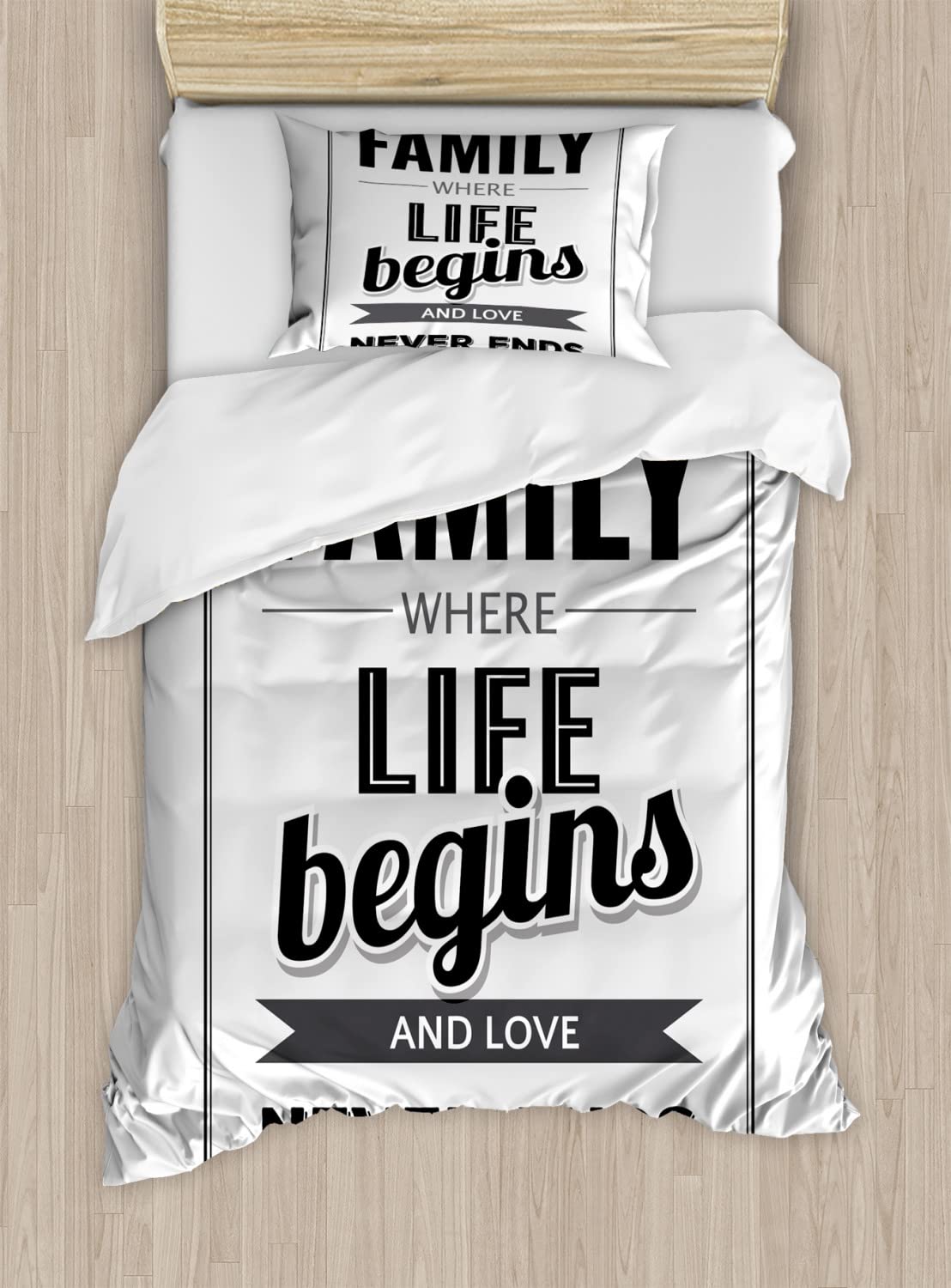 Ambesonne Family Duvet Cover Sets - Retro Calligraphy Words 'Family Love Never Ends' Queen Size Bedding Set (2 Duvet Covers + 4 Pillowcases) | Black & Grey | Home Decor for Master Bedroom, Guest Room & Cozy Family Gatherings