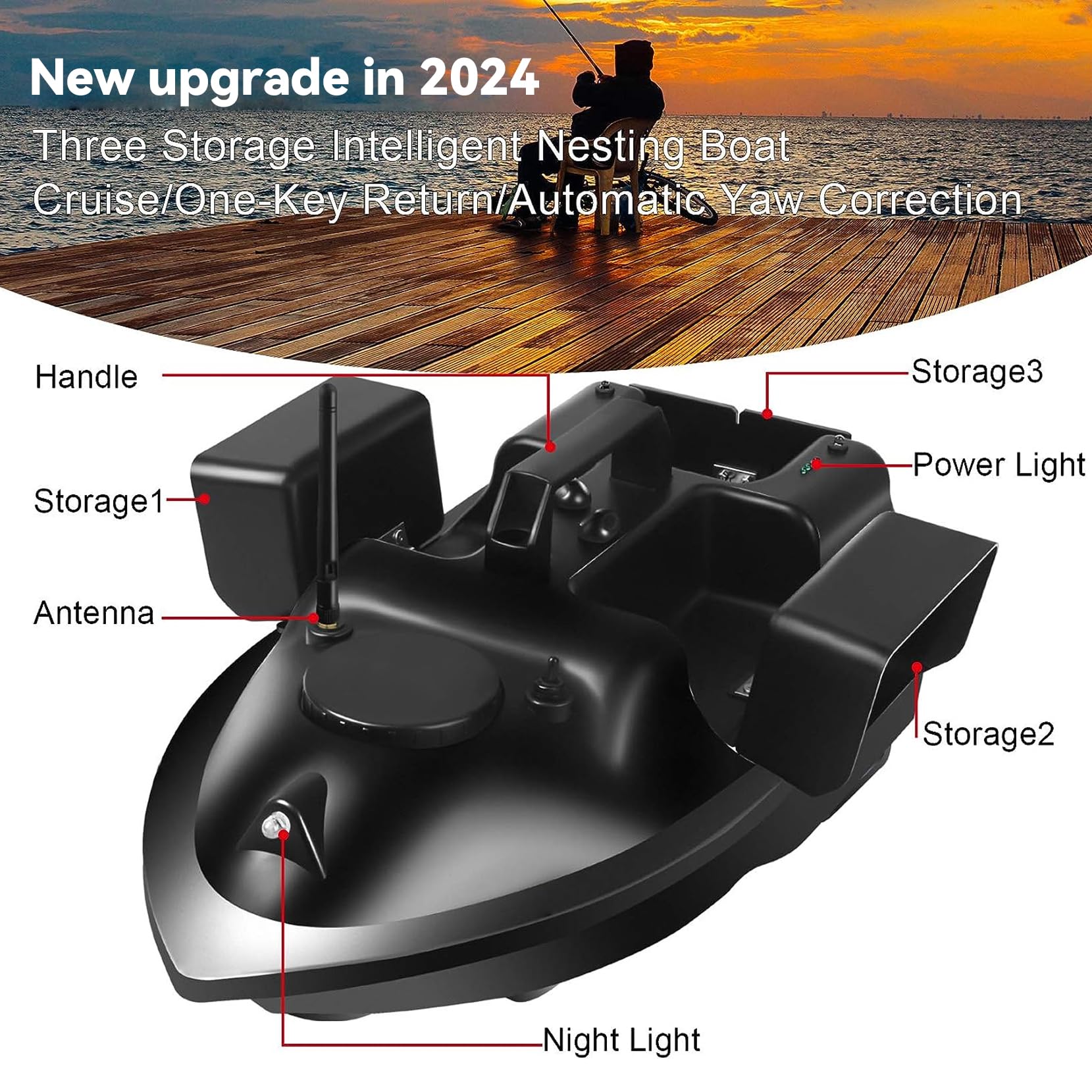 FUMENG GPS Smart RC Bait Boat with Auto Cruise, Dual Motor, 3 Large Capacity Hoppers & LED Night Light - 12000mAh Battery - Perfect for Night Fishing and Bait Distribution