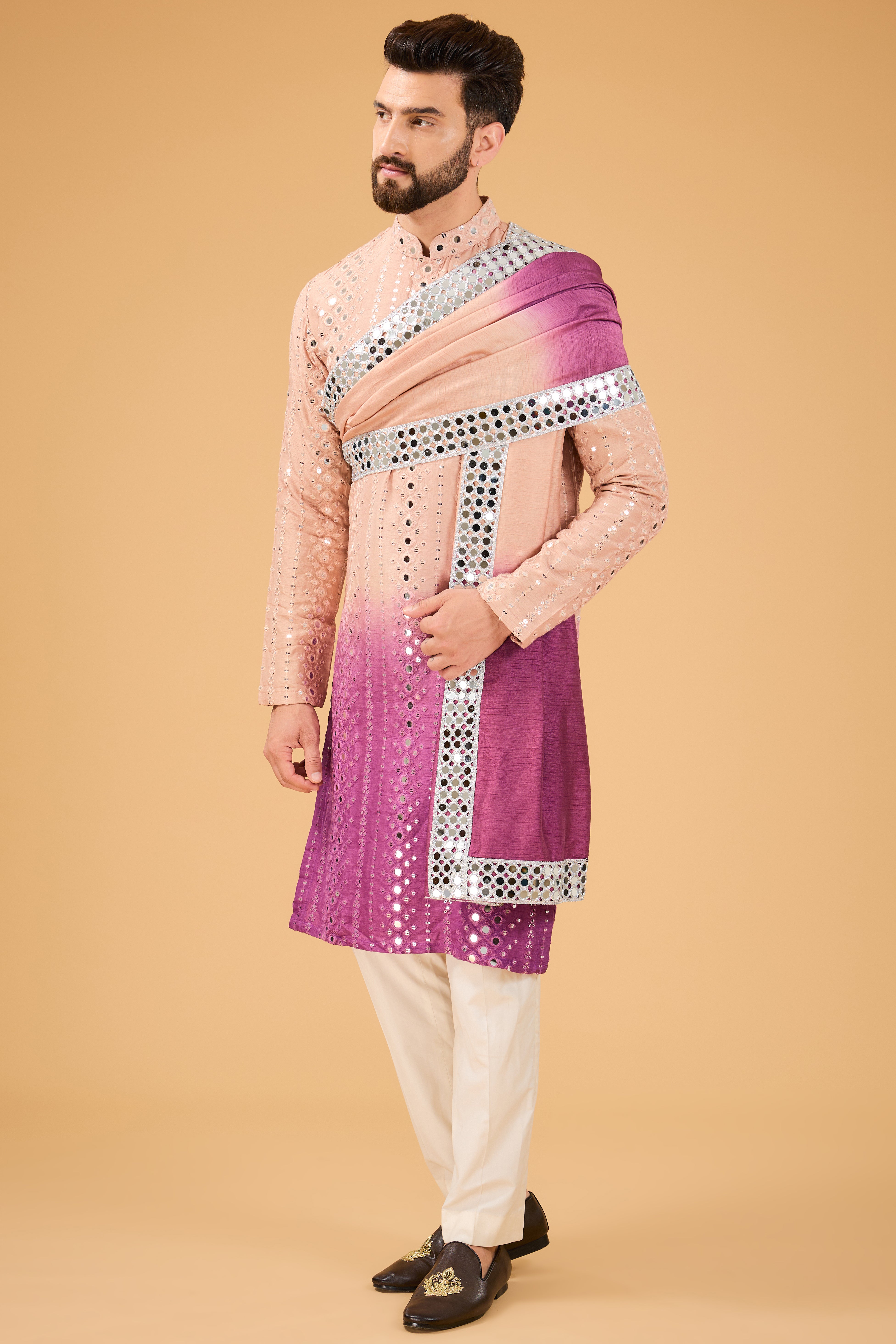Elegant Nude Mauve Ombre Mirror Work Kurta with Matching Stole - Perfect for Festive Occasions, Weddings & Ethnic Fashion